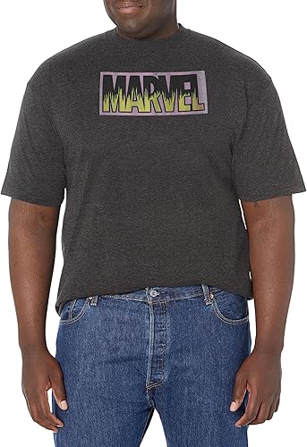 Marvel Logotipo de neón Camiseta, Gris Oscuro Jaspeado, L/Grande Alto para Hombr