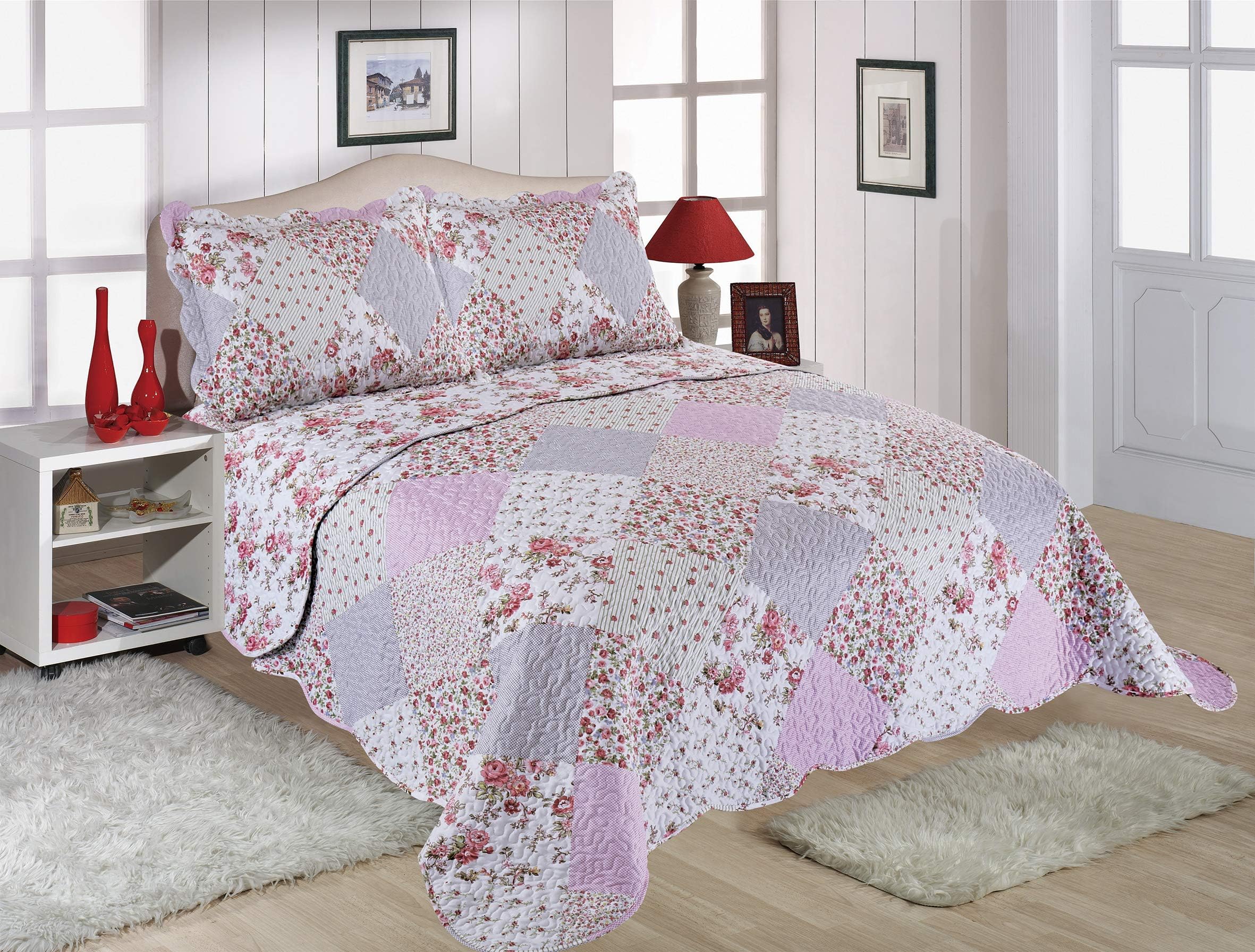 restmor Quilted Reversible Floral Design Bedspread in 3 sizes with pillow shams - Amelia (King Size includes 2 Shams)