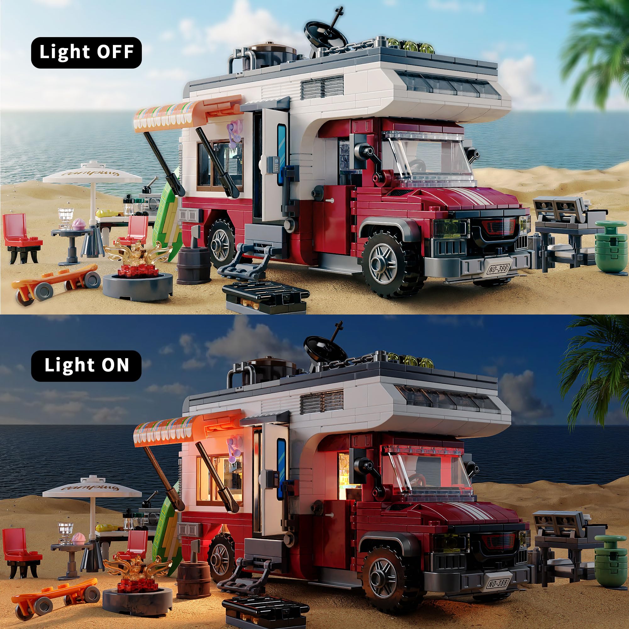 TGL City Camper Van Building Set-Beach Camping Themed Construction Toy Kit with Mini Accessories&Lights, RV Car Model Compatible with Legos,Birthday Gift for Adults and Kids 6+(880 pcs)
