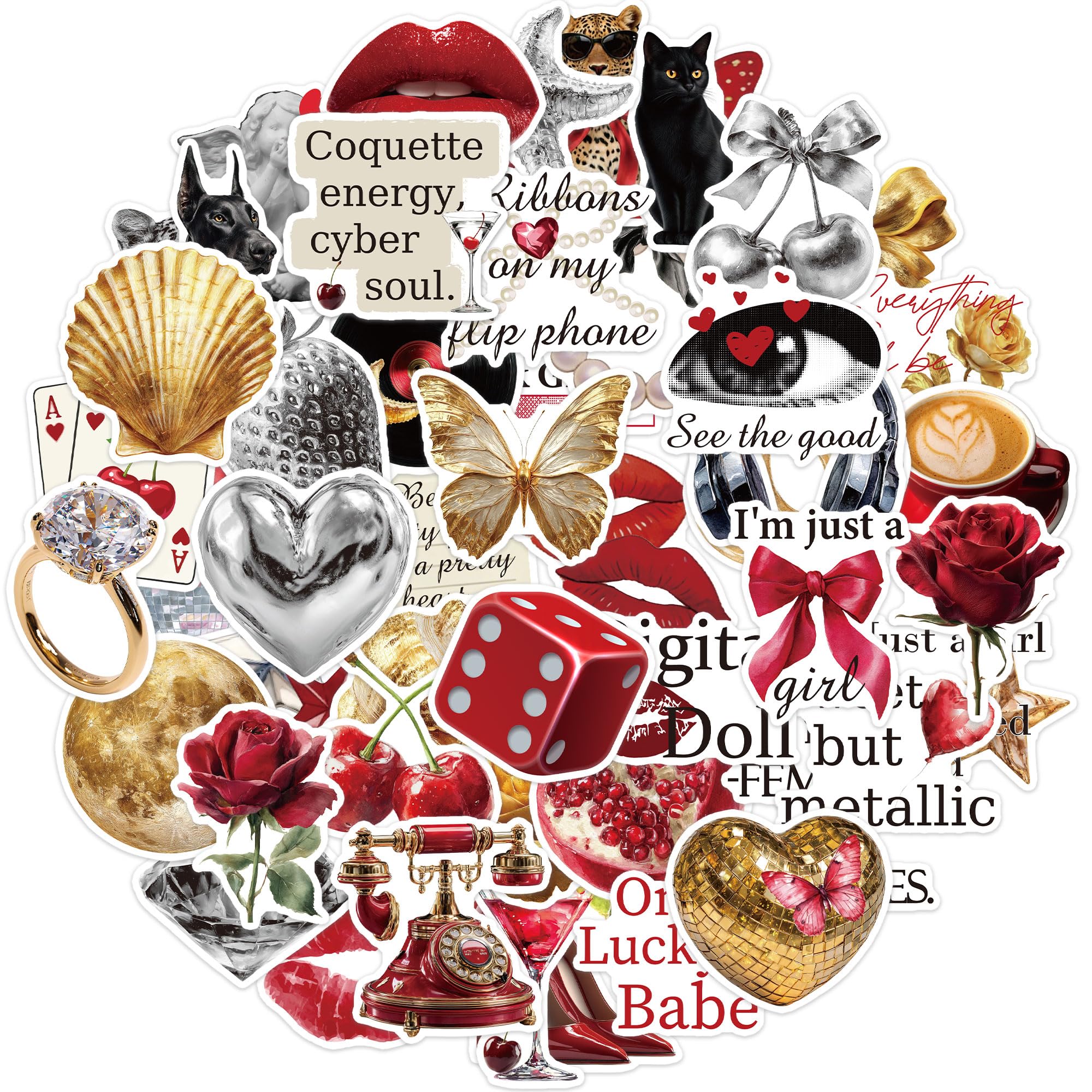100 Stück Coquette Sticker Rot Gold Vintage Journaling Aufkleber Mädchen | Rot Goldene Coquette Vintage Aufkleber Süß und Stilvoll, DIY Deko für Laptop Wasserflasche Geschenkidee Teenager Mädchen