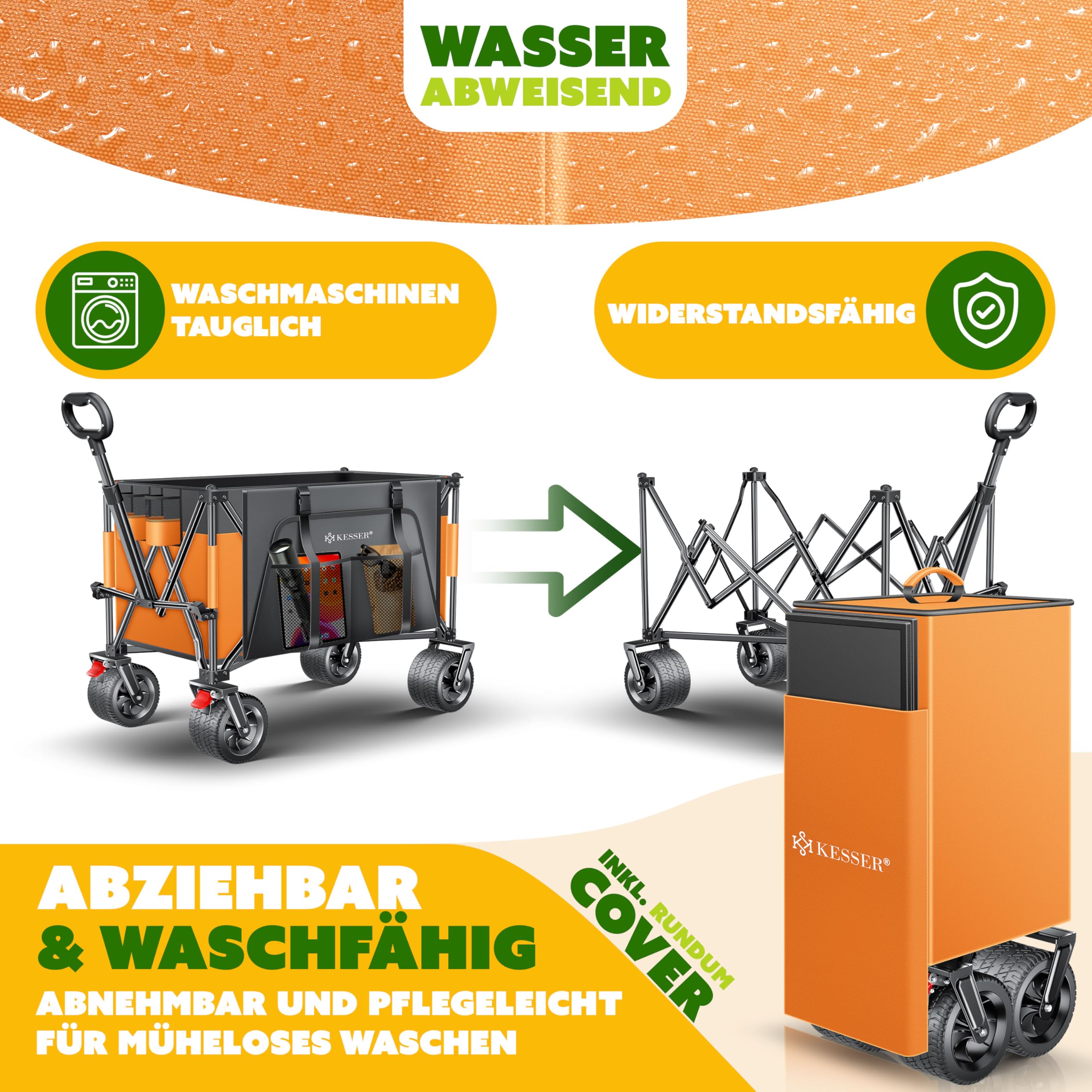 KESSER® Bollerwagen GTR9000 Handwagen 200Kg | 300L Stauraum Transportwagen faltbar extra breite 360° Räder & Feststell-Bremsen Wetterbeständig Strandwagen inkl Abdeckung Seitentasche & Getränkehalter