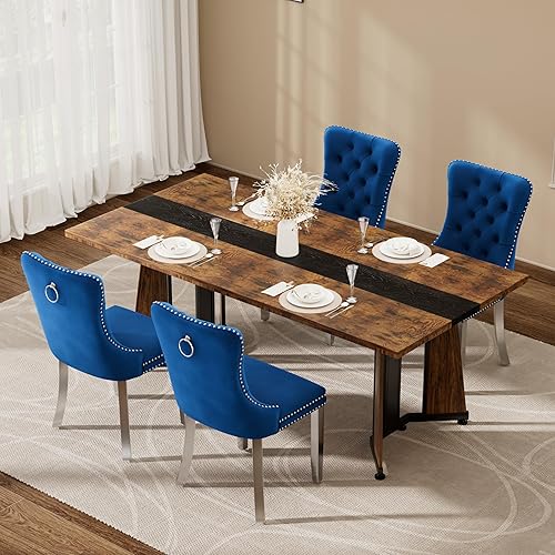 Miniatura 38 de Juego de mesa de comedor de 7 piezas con 6 sillas, mesa de comedor rectangular de madera de 71 pulgadas con sillas de comedor de terciopelo, tablero