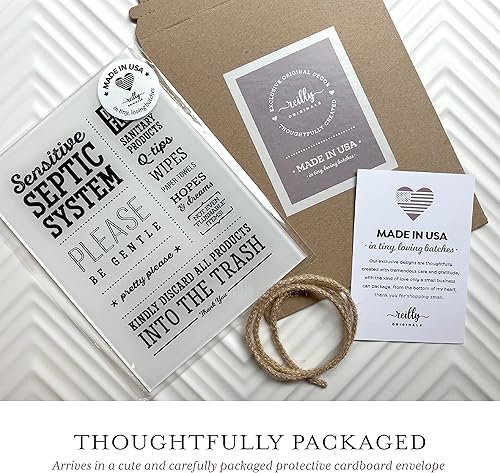 Miniatura 6 de Reilly Originals Letrero de baño de diseño con sistema séptico "Por favor sé gentil" de 6 x 8 pulgadas, listo para colgar, acabado premium, duradero
