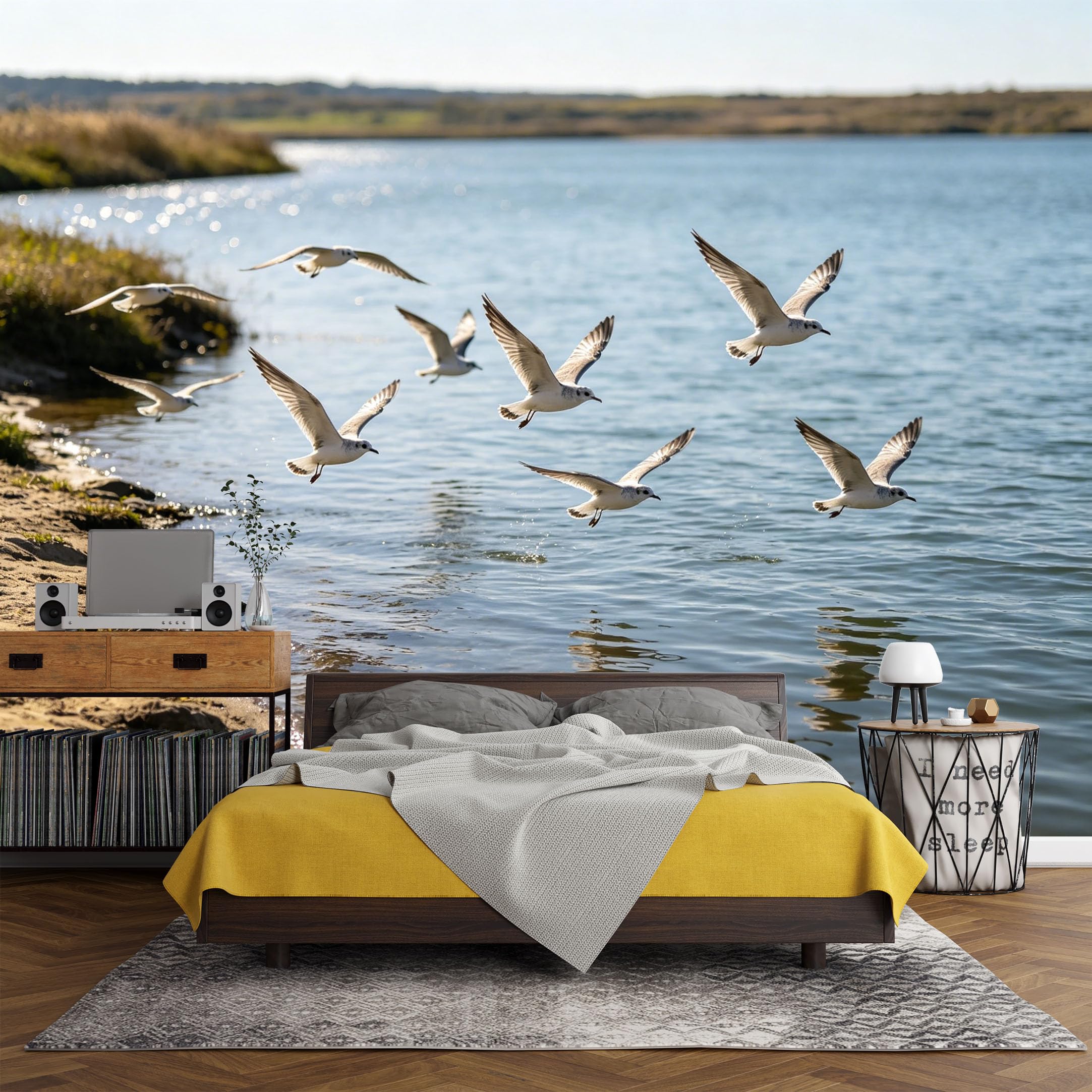 Custom Size Wall Mural， Coastal Seagulls Flying Over Ocean Waves Shoreline Scenic Landscape，SelfAdhesive Art Prints wall Fabric(No PVC) Removable Wallpaper Living Room Decor