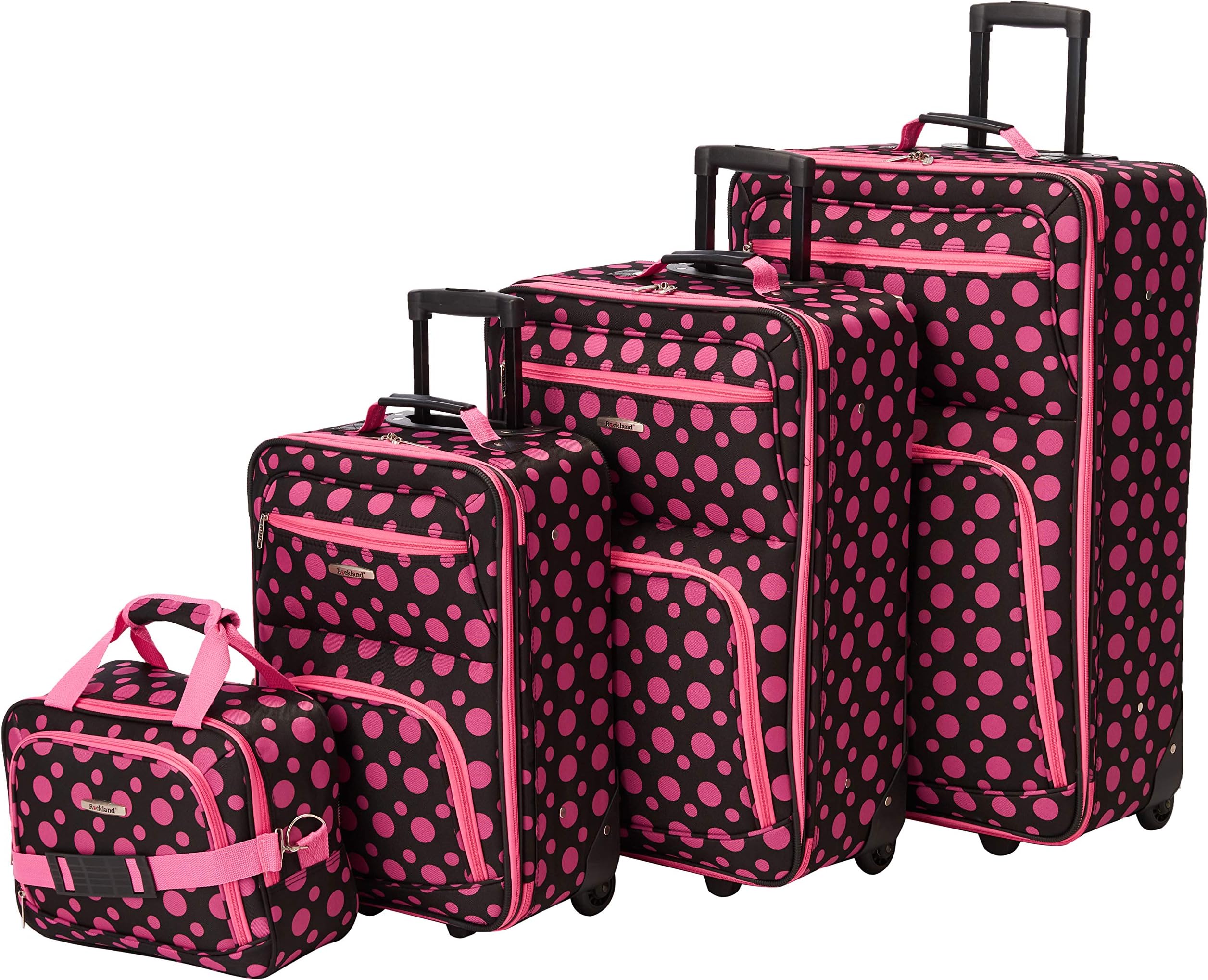 Fashion Softside Upright Luggage Set, Black/Pink Dot, 4-Piece (14/19/24/28)