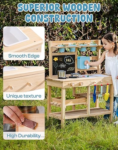 Miniatura 3 de ROBOTIME Cocina de barro para niños al aire libre, cocina de madera al aire libre con accesorios, juego de cocina para niños para patio trasero,