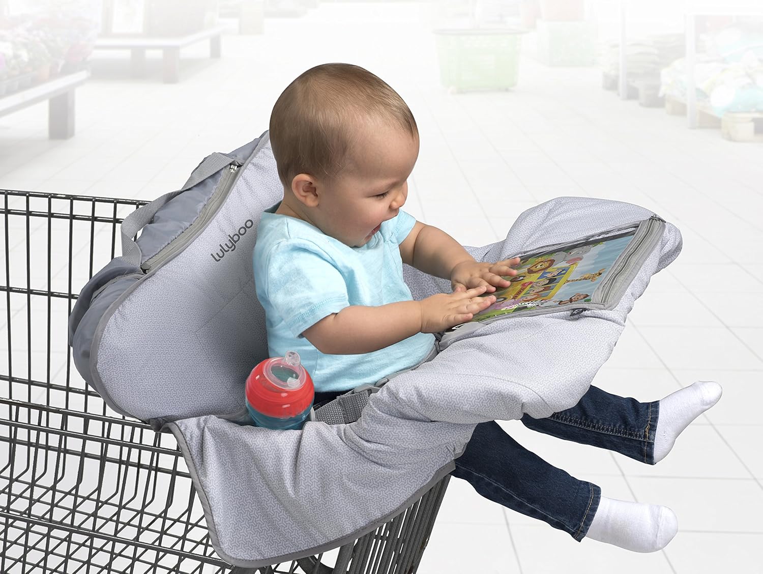 Lulyboo Baby Shopping and Grocery Cart and Highchair Cover Features iPad Cell Phone Tablet Device Clear Pockets For Toddler - Machine Washable Cover Folds Into Bag Fit Most Carts and Chairs : Baby