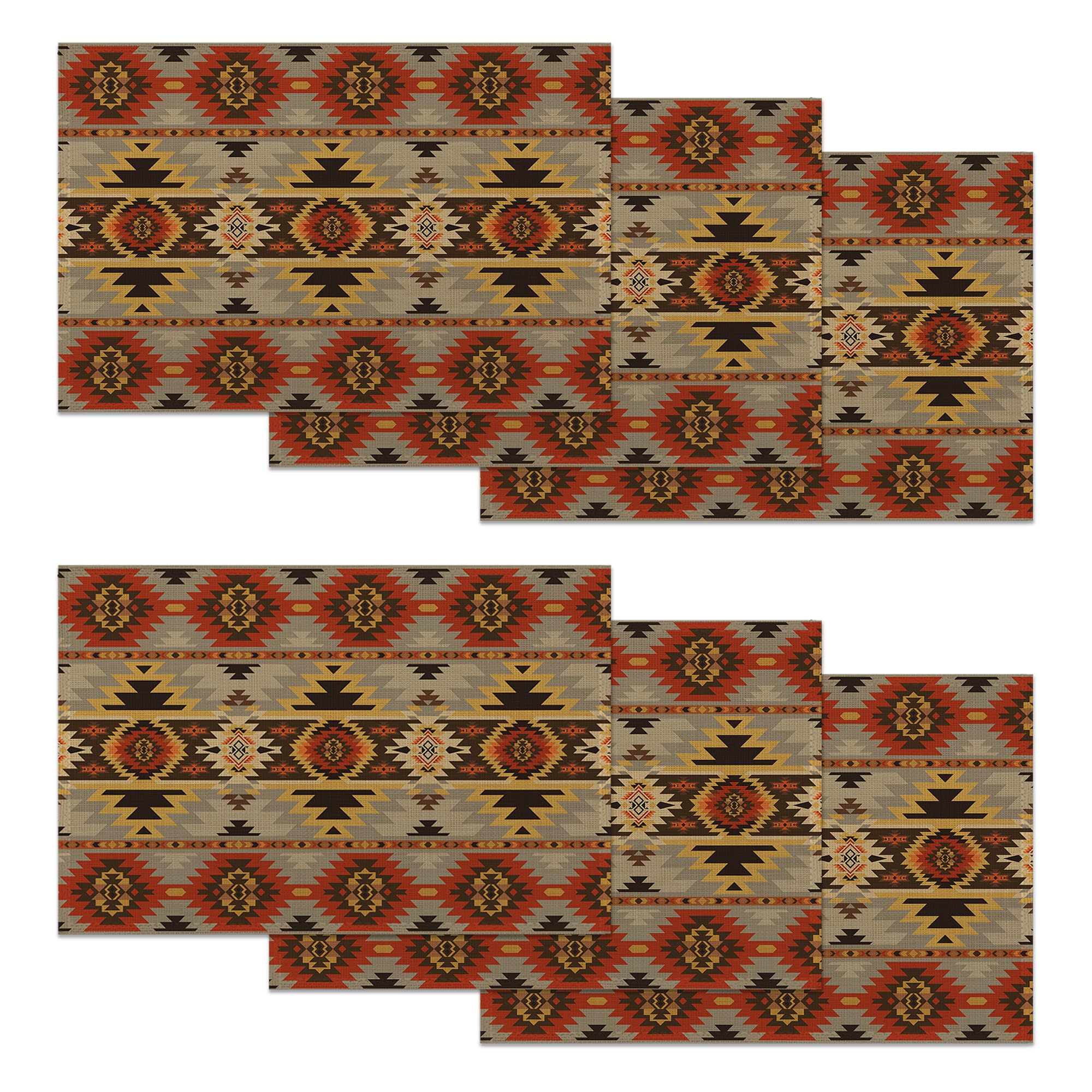 Boho Ethnic Placemats Set of 6,Southwestern Rustic Washable Non-Slip Heat Resistant Linen Table Mats for Kitchen Dining Table,Indoor Outdoor Party Decor 12"x18"