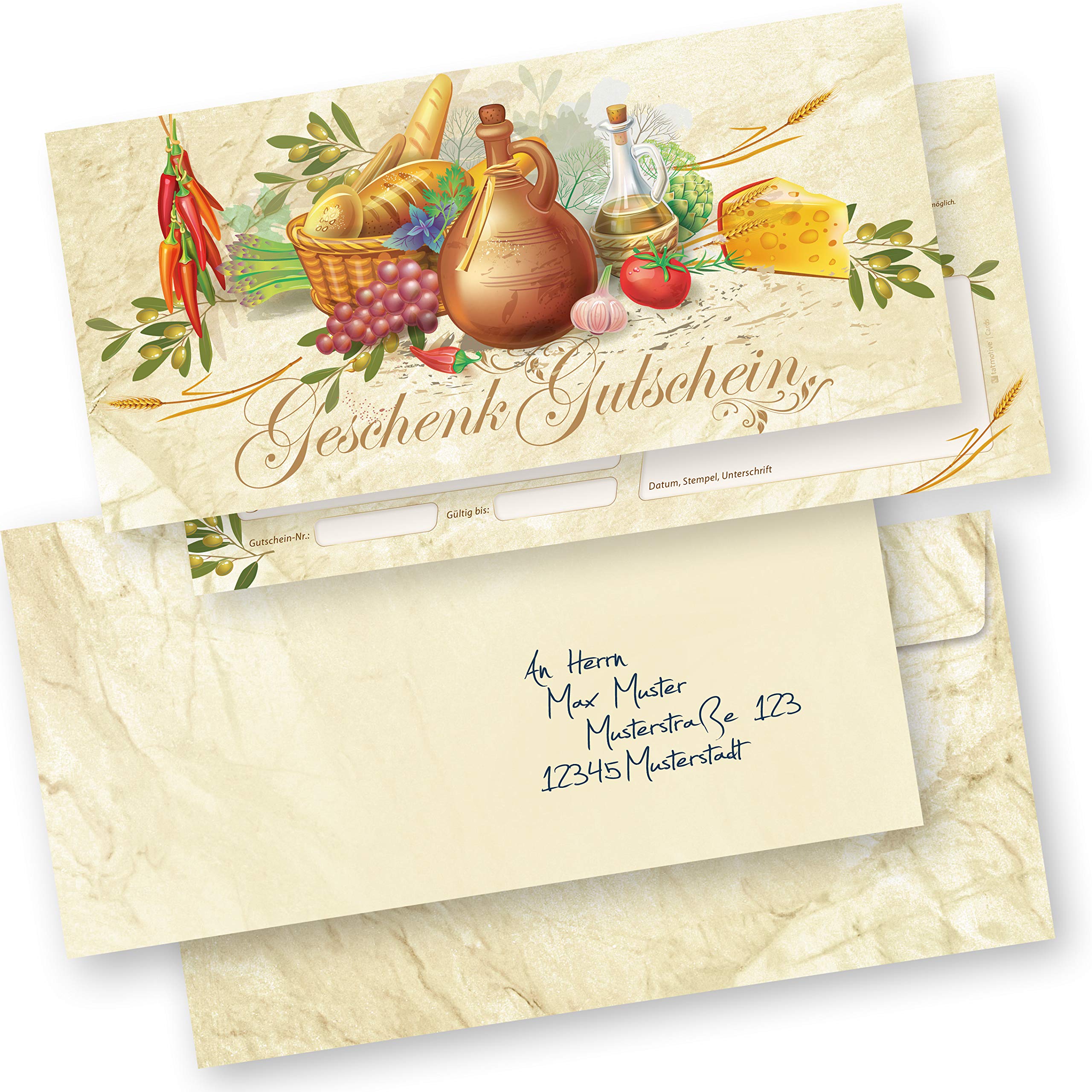 tatmotive RUSTICO Geschenkgutscheine Gastro 250 Stück mit Umschläge Werte eintragen und stempeln, Gutscheinkarten für Gastronomie, Restaurant Pizzeria italienisch