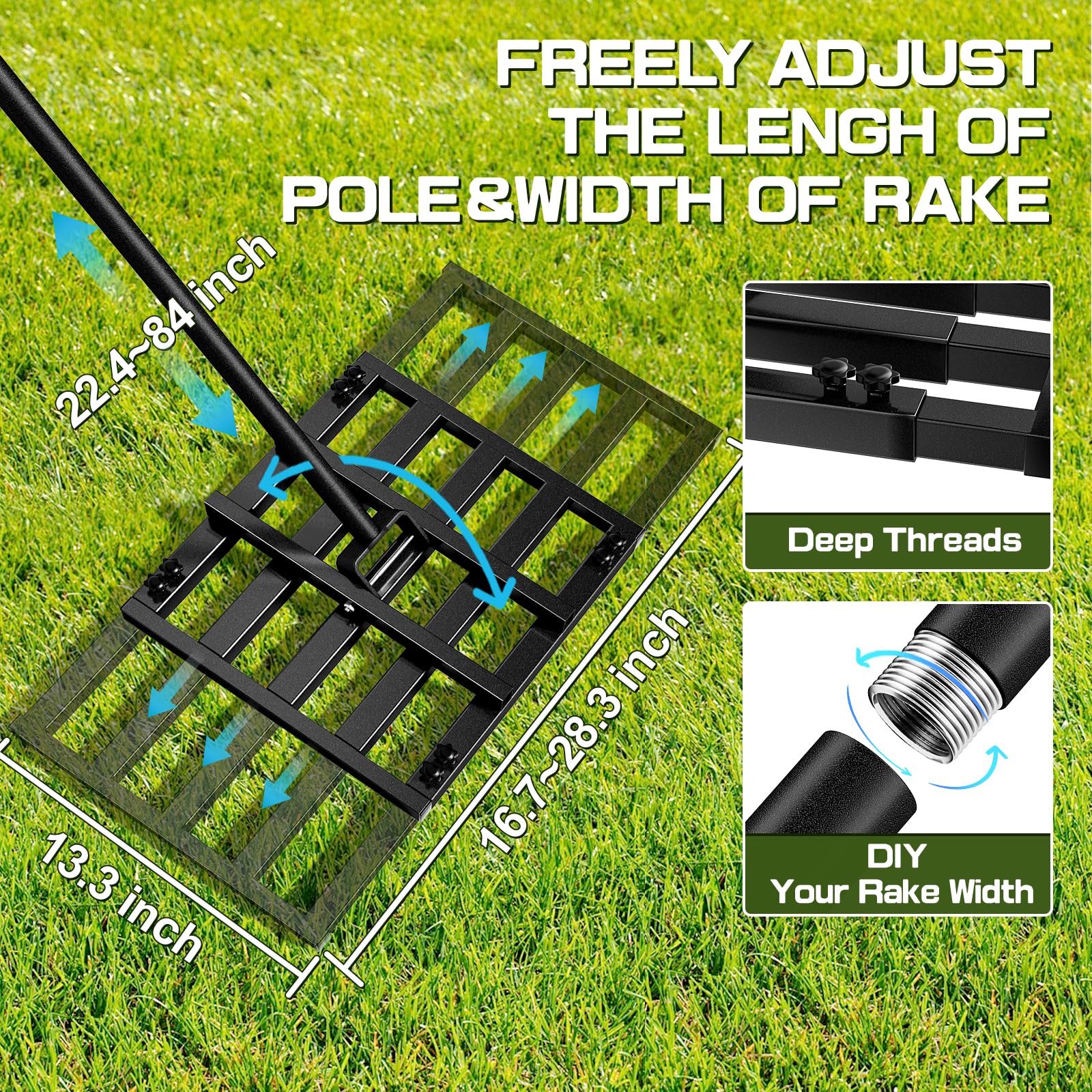 Grabie do wyrównywania trawnika, narzędzie do samodzielnego poziomowania trawnika z regulowanymi 28''x 13'' stalowymi grabiami do trawnika i 7-stopową regulowaną rączką, 12-funtowe, wytrzymałe narzę