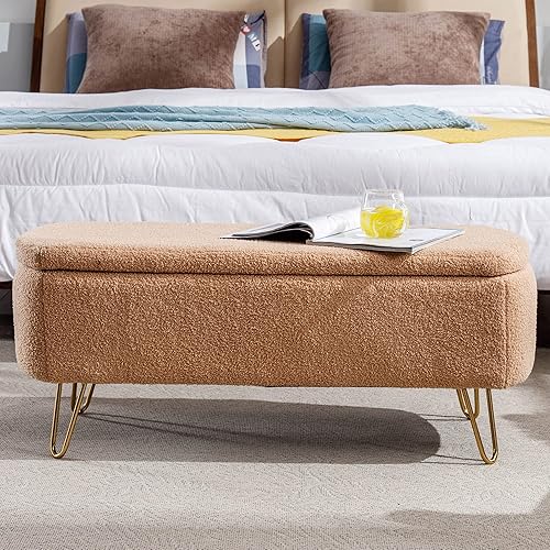Miniatura 5 de P PURLOVE Banco de almacenamiento con patas de metal, moderno banco de entrada de piel sintética con función de almacenamiento, banco otomano de