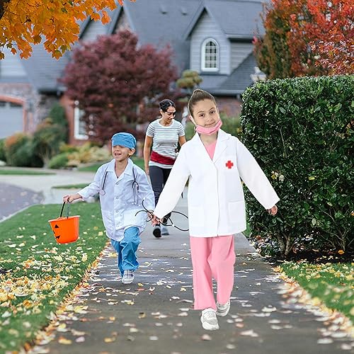 Miniatura 5 de Rabtero Disfraz de médico para niños, traje de uniforme azul y rosa, abrigo de laboratorio blanco, disfraz veterinario para niños de 3 a 8 años