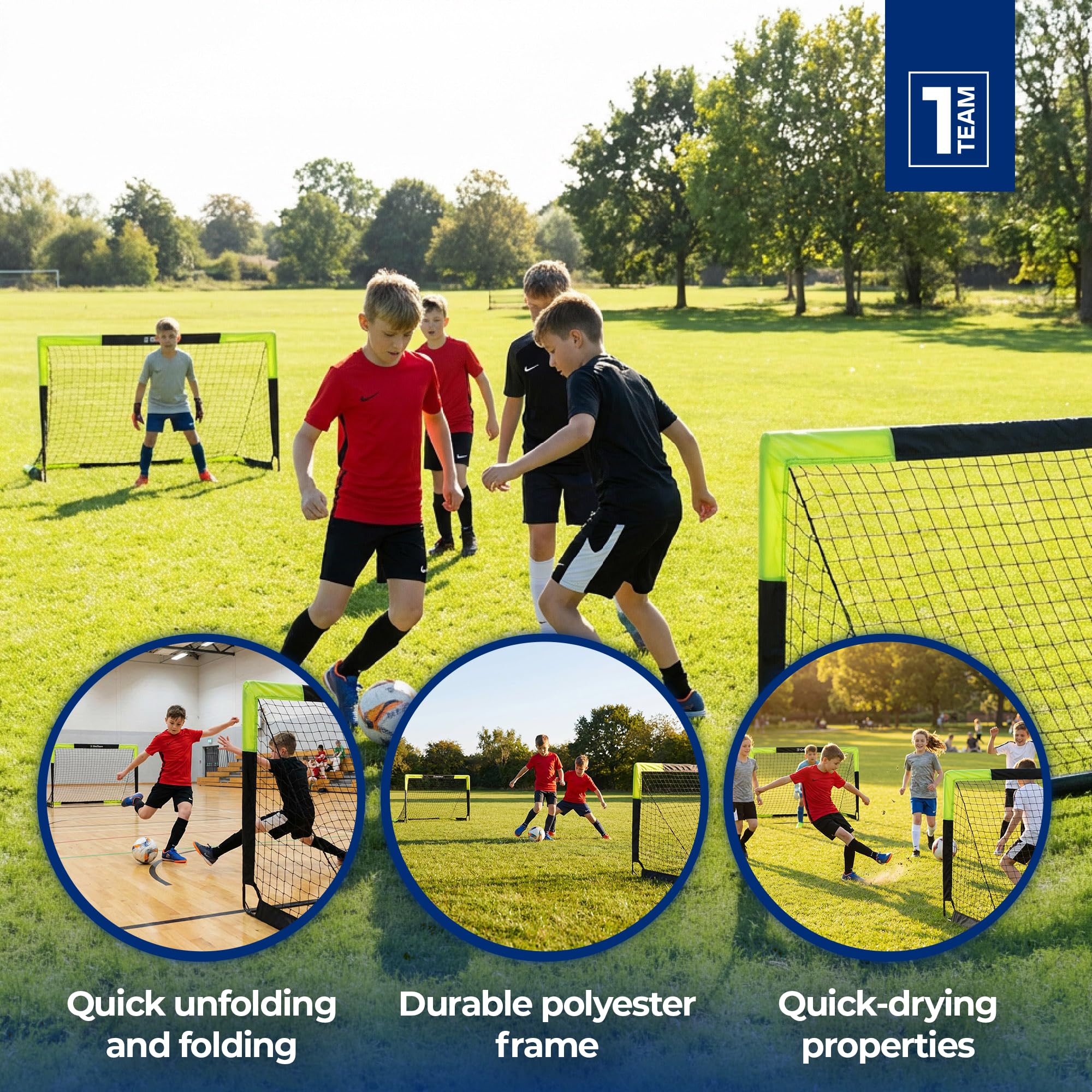 OneTeam Sekundenschneller Aufbau – Pop-Up Fußballtor Goalify – Flexibles Fiberglas – Schwarz – für Garten, Strand und Park