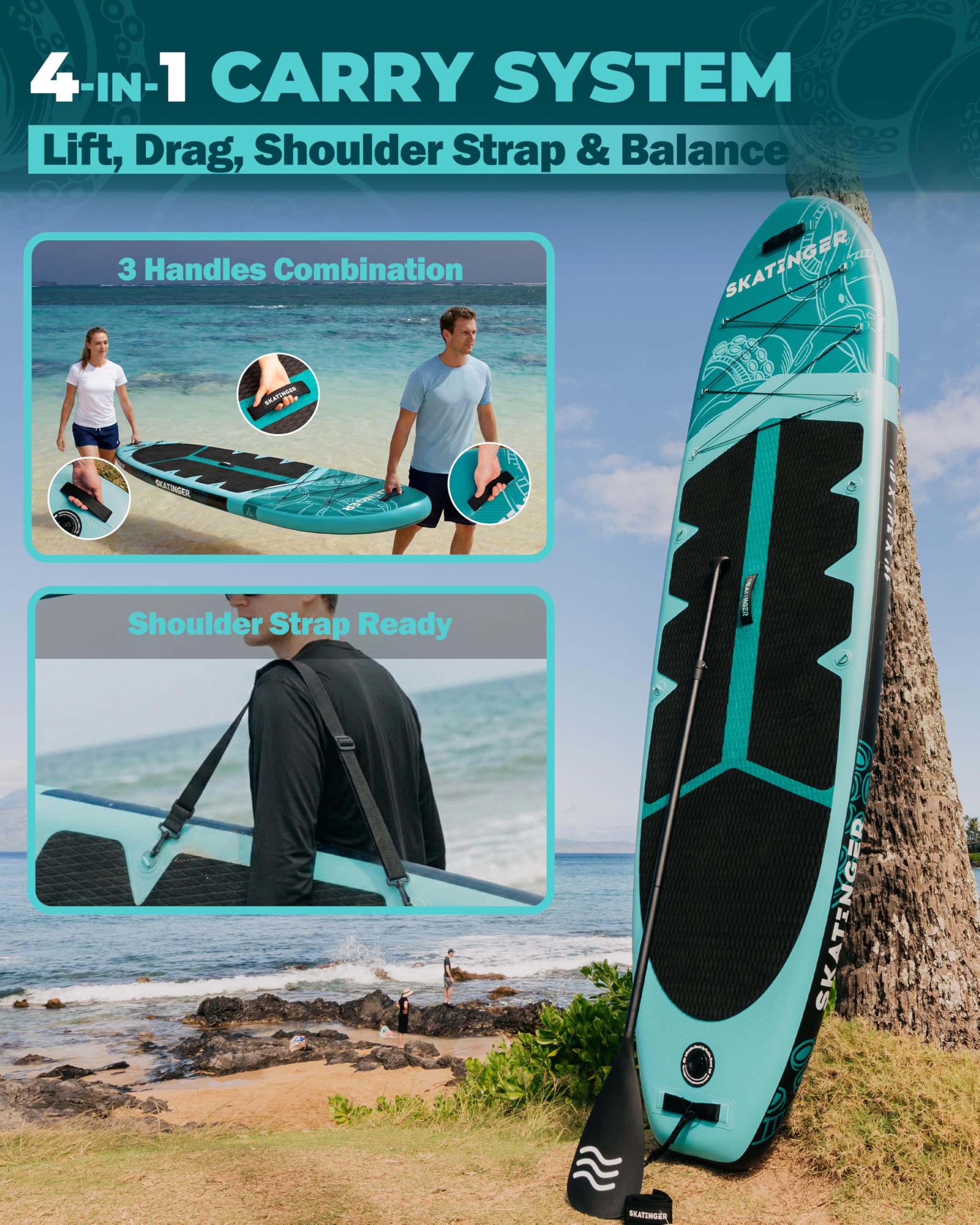 Skatinger 335 x 86,4 cm extra breites aufblasbares Paddelbrett, bis zu 190 kg Stand-Up-Paddle-Boards für Erwachsene, stabiles SUP für 2 Personen/Familie, 3-heiliges Paddel, Schultergurt, US-Finne