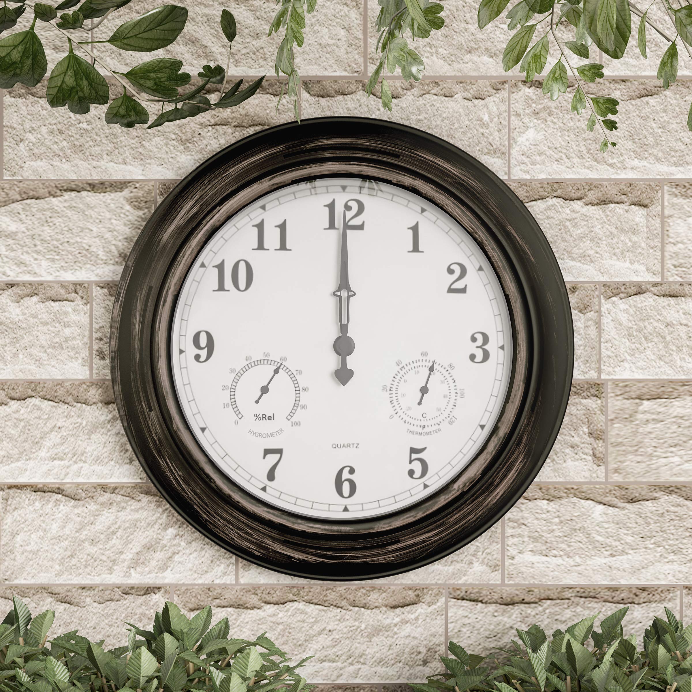 Pure Garden Wall Clock Thermometer-Indoor Outdoor Decorative 18” Quartz Battery-Powered, Waterproof Clock, Temperature and Hygrometer Gauge
