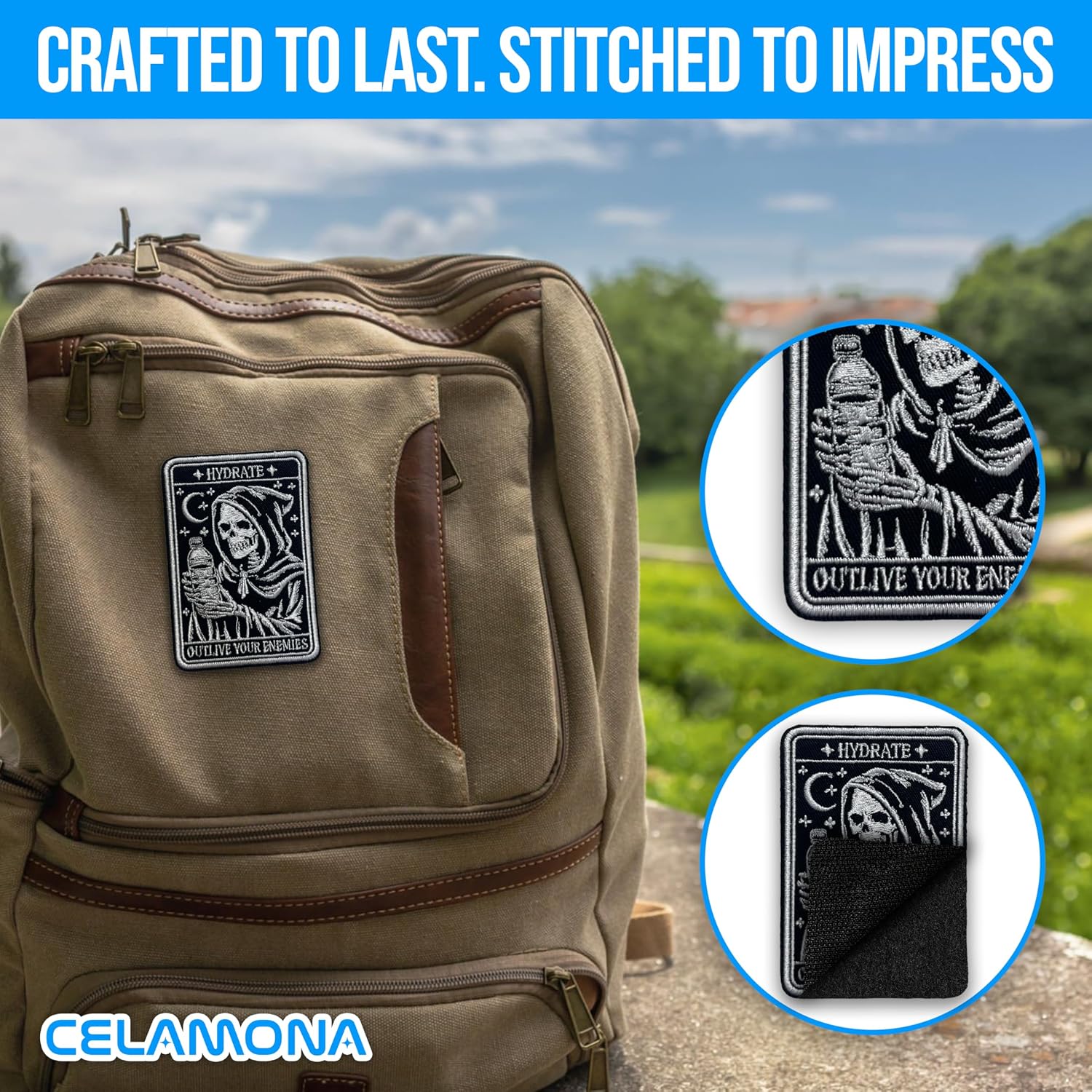 Hydrate Outlive Your Enemies Hook and Loop Patches Grim Reaper, Tactical Funny Military, Embroidered Fabric Applique 3 Inches Morale Patch for Trucker Hats Backpack, Jackets DIY Accessories Christmas
