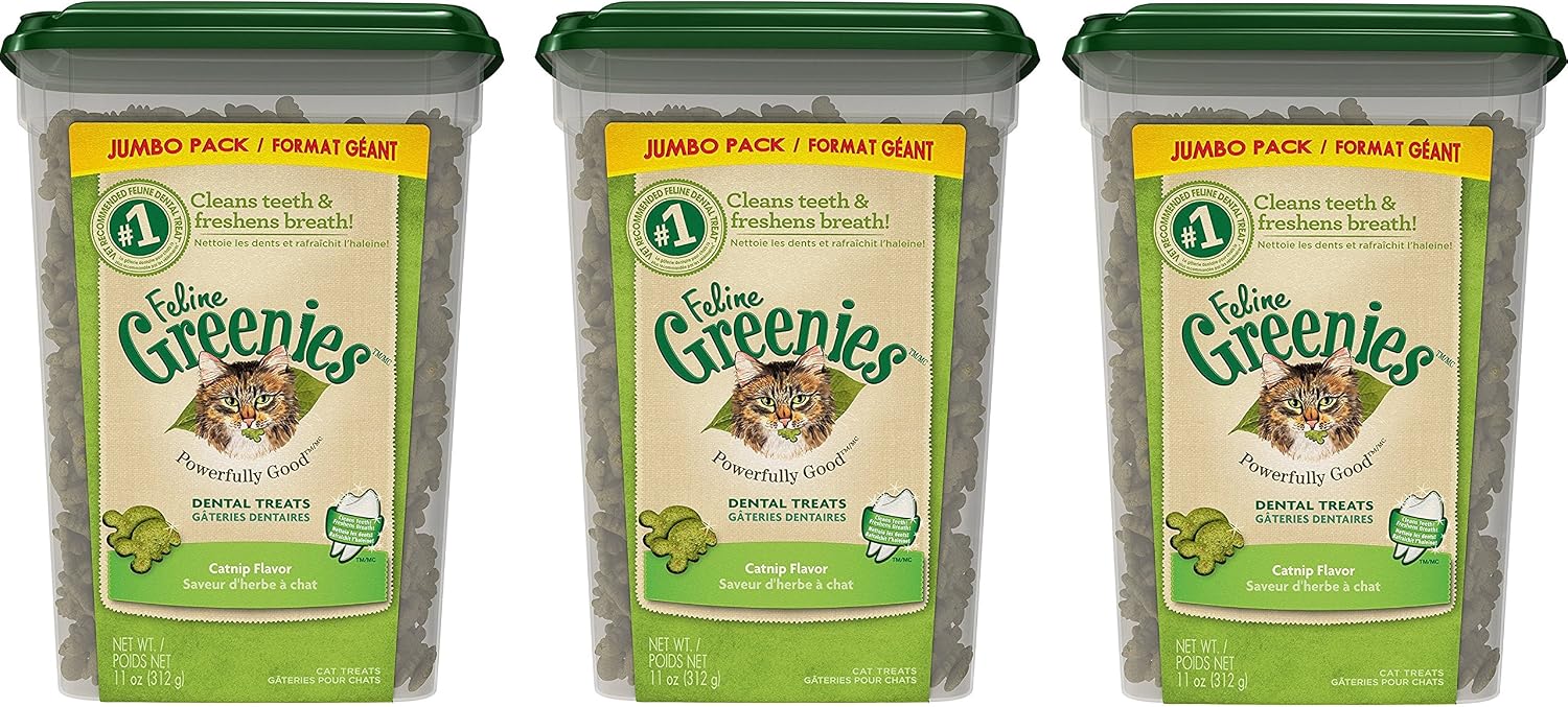 Greenies 3 Pack of Feline Dental Treats for Cats, 11 Ounces each, Catnip Flavor
