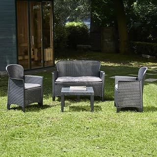 Dmora - Set salotto da esterno Ostuni, Set da giardino con 2 poltrone, 1 divano ed 1 tavolino, Salottino effetto rattan con cuscini, 100% Made in Italy, Antracite
