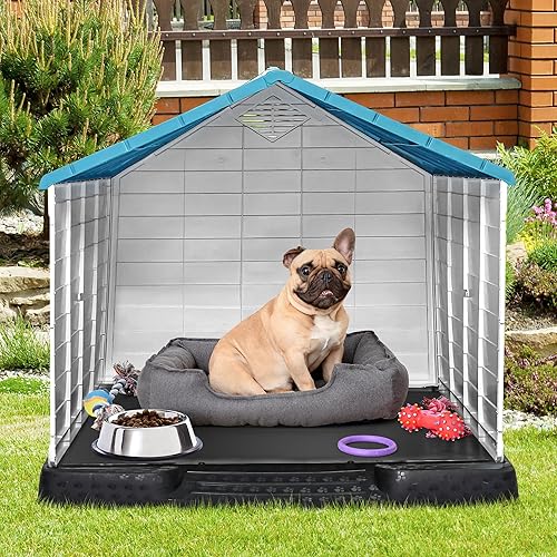 Vista 35 de Casa de plástico resistente al agua para perros pequeños a grandes, refugio interior para cachorros con rejillas de ventilación y piso elevado, Azul