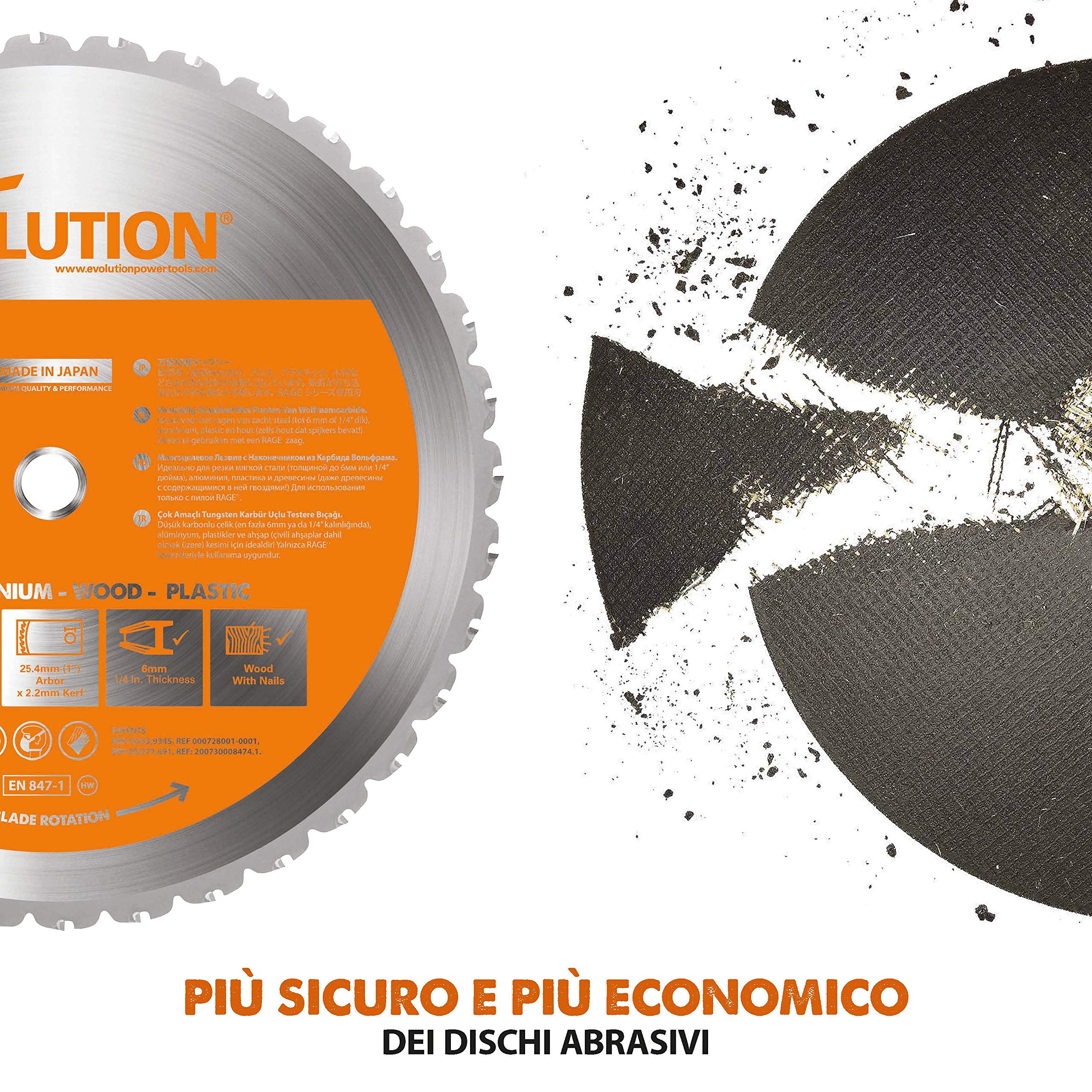 Evolution Power Tools 083-0003 R355Cps Troncatrice Per Ferro Multi Materiale, Esegue Tagli Su Acciaio, Alluminio, Plastica E Legno Anche Con Chiodi, 355 mm