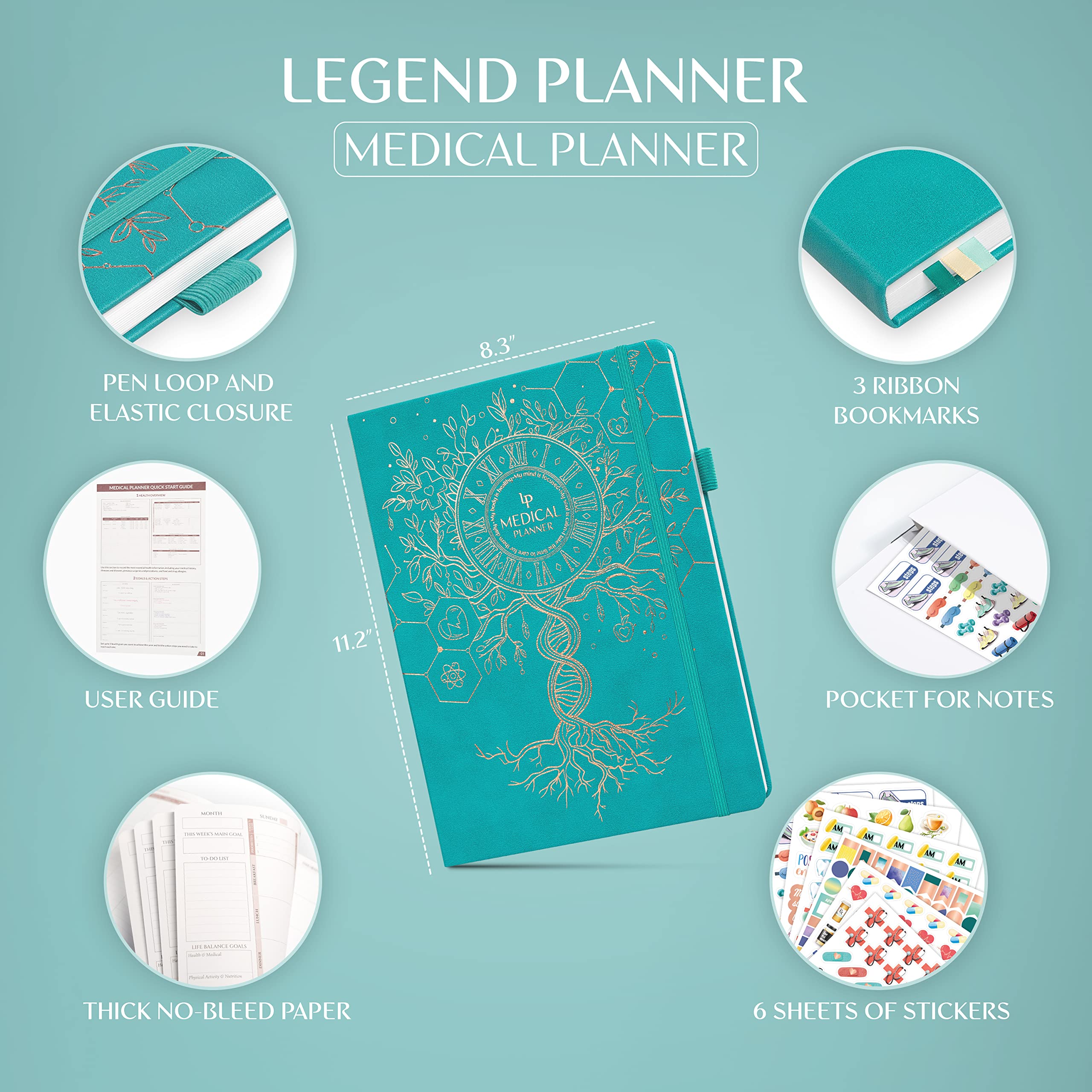 Legend Medical Planner Large - Gesundheitstracker-Tagebuch zur Verfolgung von Mahlzeiten, Symptomen, Blutdruck, Labortestergebnisse - Medizin- & Wellness-Notizbuch für tägliche Selbstpflege
