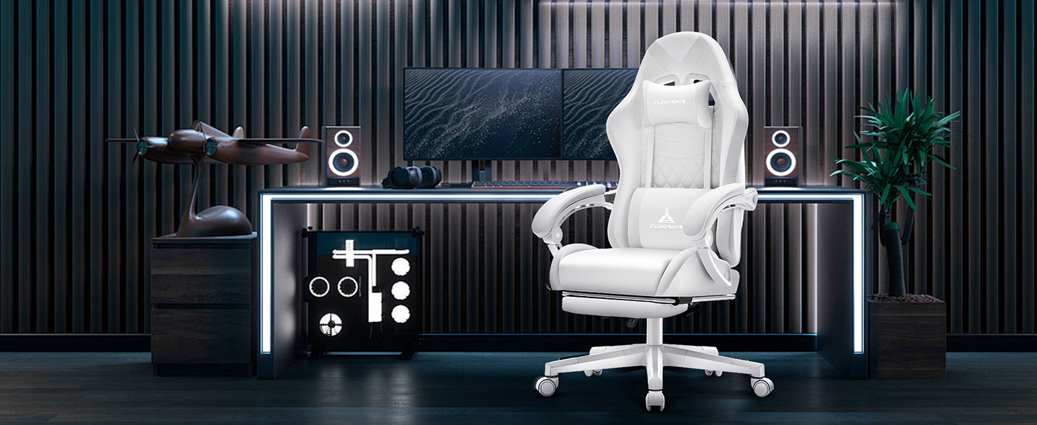TUKAKA White Gaming Chair,Ergonomic Massage Office Desk Chair with