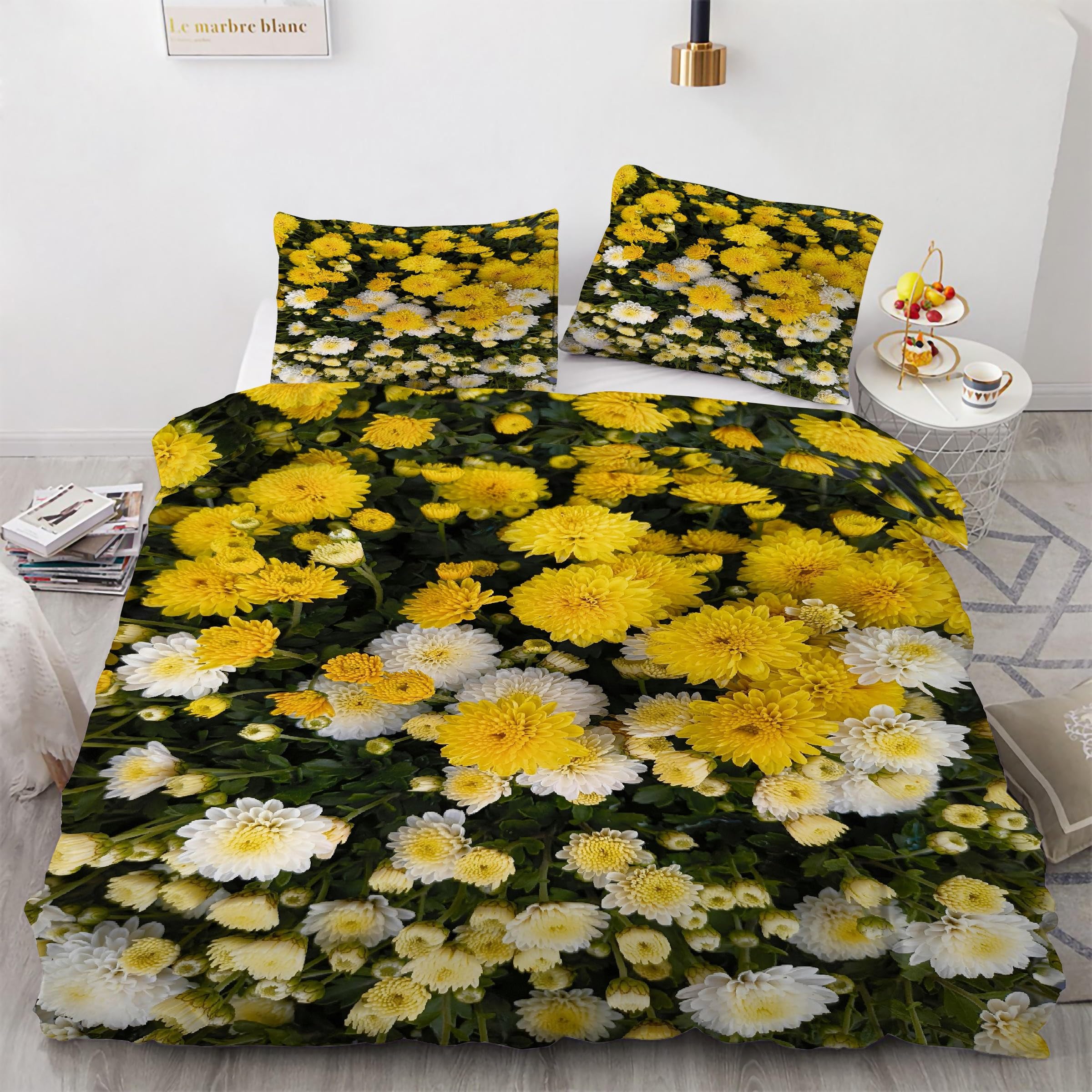 Housse de Couette 160x200 Fleurs pour une Chambre Printanière Éclatante Parure Marguerite Jaune