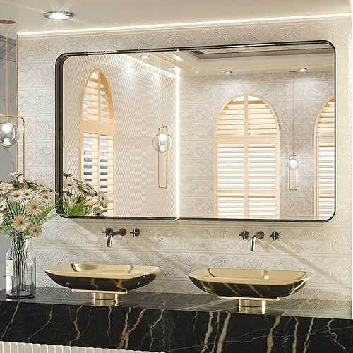 Miniatura 242 de TETOTE Espejo de 60 x 36 pulgadas para baño, espejo de tocador dorado de latón cepillado, espejo de pared grande rectangular con marco de metal Oro