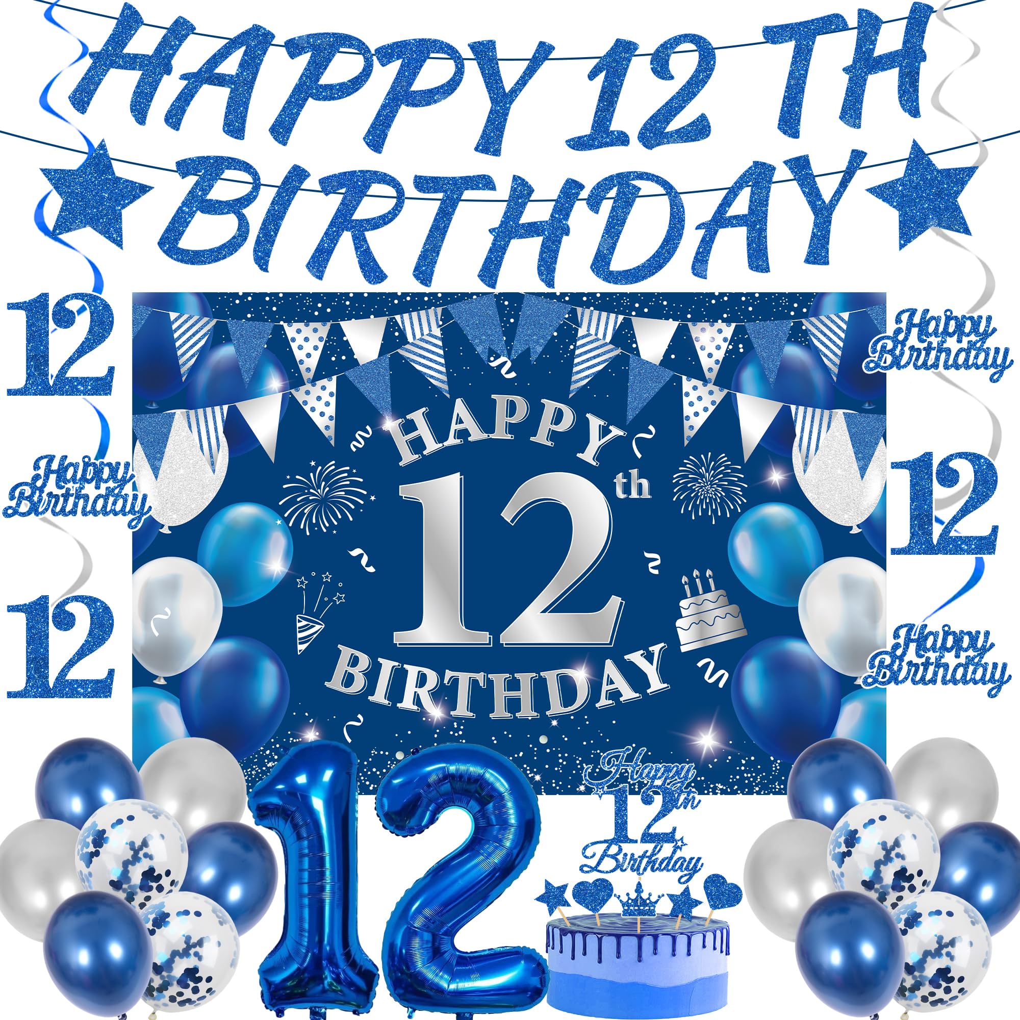12th Birthday Decorations Boys Set - 31 Pcs Blue Silver Party Supplies with Happy 12th Birthday Banner Cake Topper number 12 Foil Balloon Latex Balloons and Backdrop for 12 Year Old Party Decor โ image 1