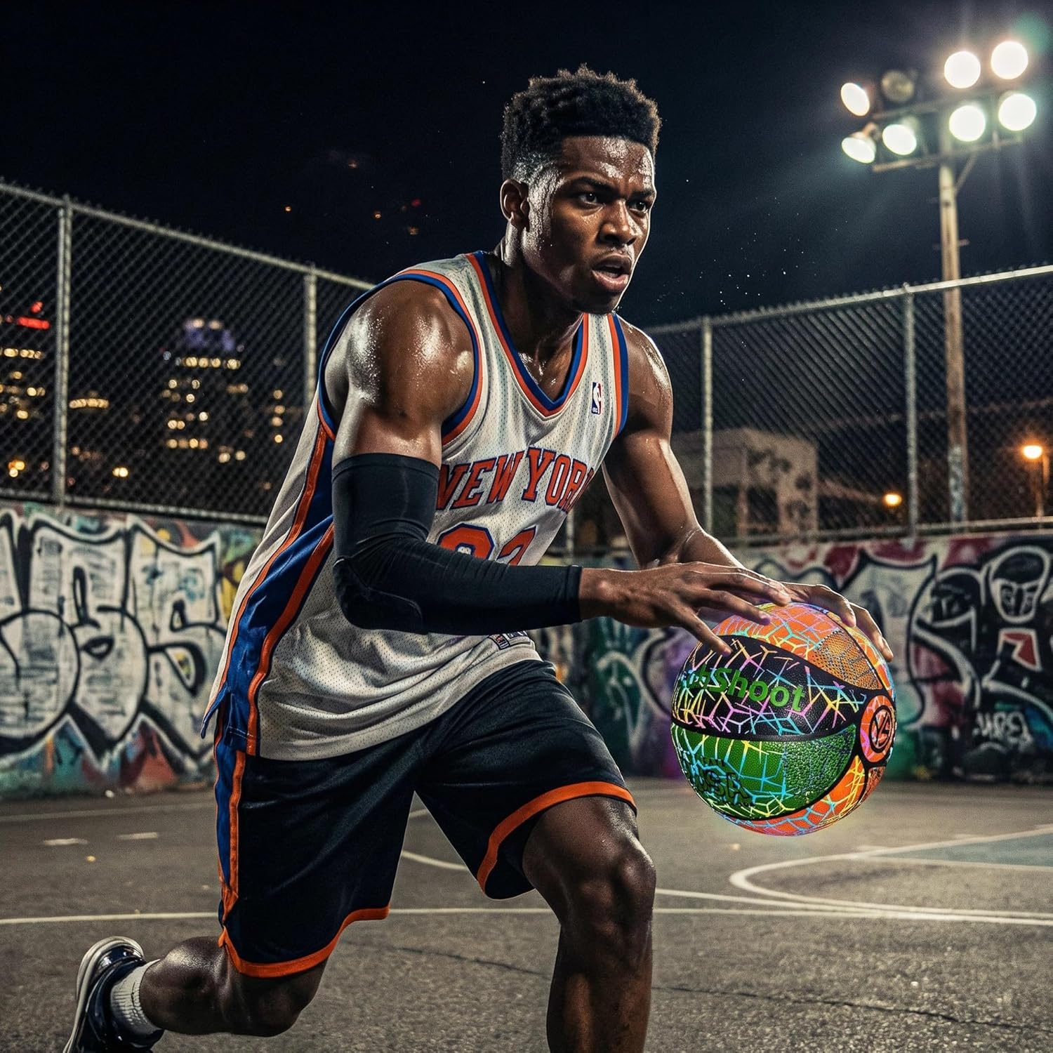 Holographic Reflective Basketball Size 7, Rainbow Vortex Color Block Design, Durable PU Grip Night Game Ball with Pump & Storage Bag, Great Gift Idea