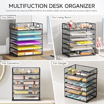 VITVITI Desk Organizer and Office Accessories, 6 Tier Paper Letter Tray Organizer with Handle, Mesh Desktop Organiser for Office Supplies, Desk Tidy Organiser - Black