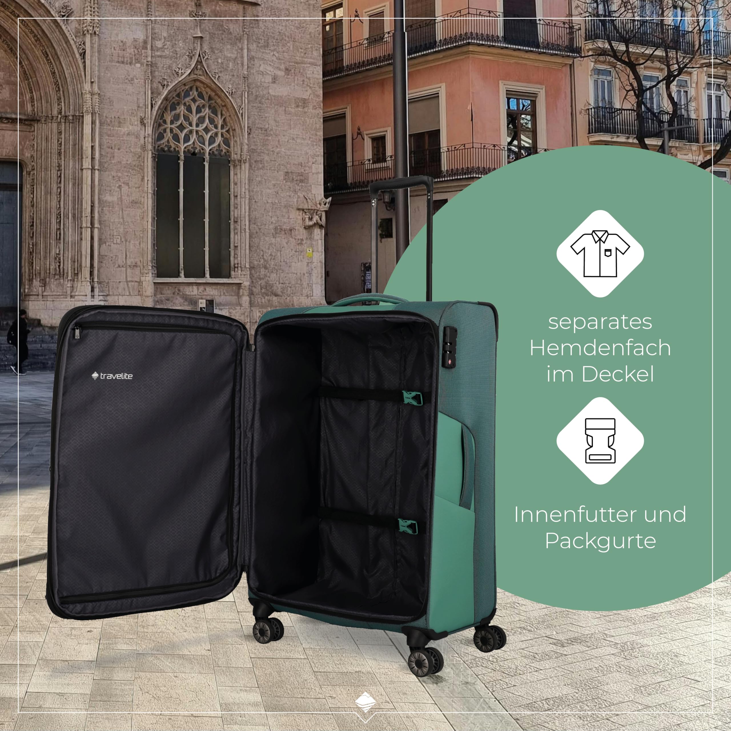 Travelite 4-Rad Koffer Größe L Weichschale aus recyceltem Material, Trolley 77 cm 91-103 Liter