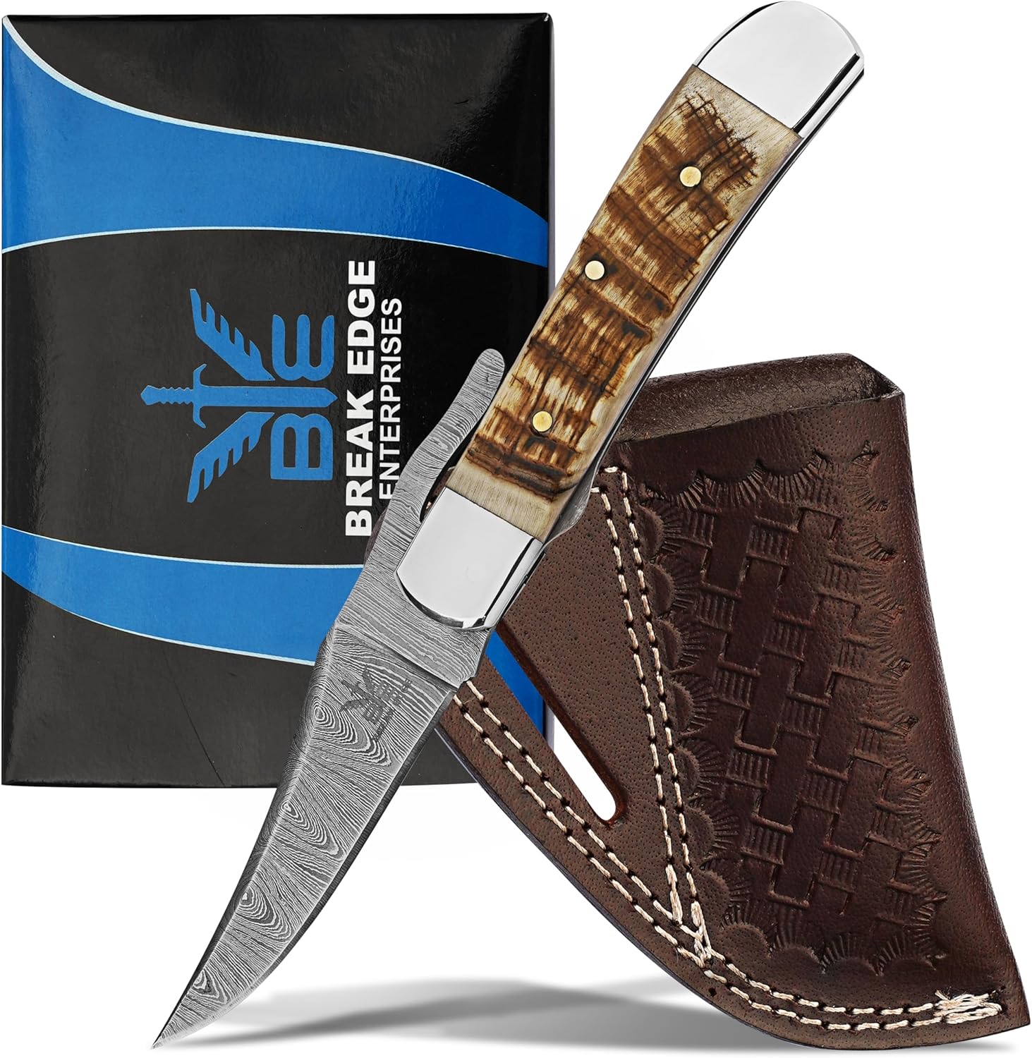 Handmade Damascus Steel Russlock Folding Knife with Yellow Striped Handle and Leather Sheath