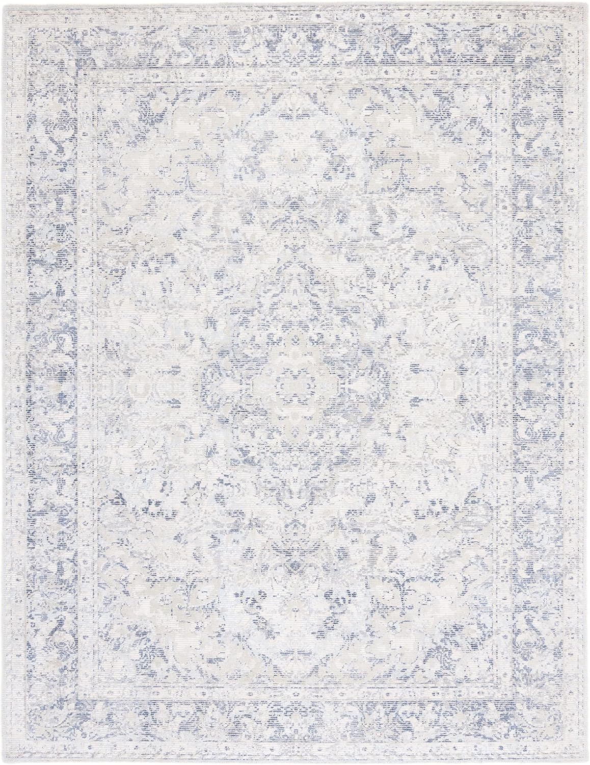 SAFAVIEH Restoration Vintage Collection Area Rug - 9' x 12', Ivory & Blue, Handmade Distressed Wool & Viscose, Ideal for High Traffic Areas in Living Room, Bedroom (RVT704A)