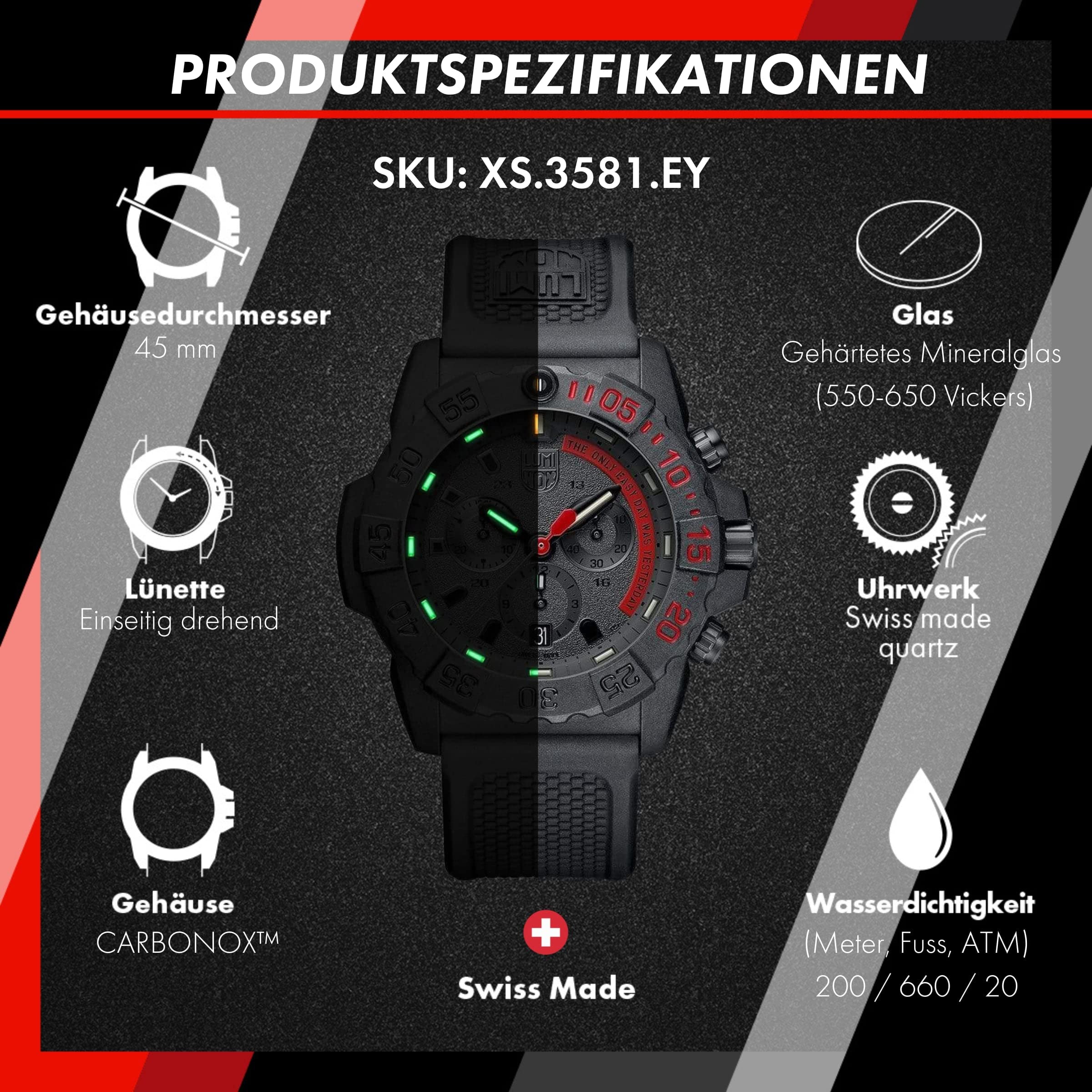 Luminox - Navy SEAL XS.3581.EY - Herrenuhr 45mm - Taucheruhr in Schwarz mit Datumsanzeige Chronograph - 200m Wasserdicht - Herren Uhr - Hergestellt in der Schweiz