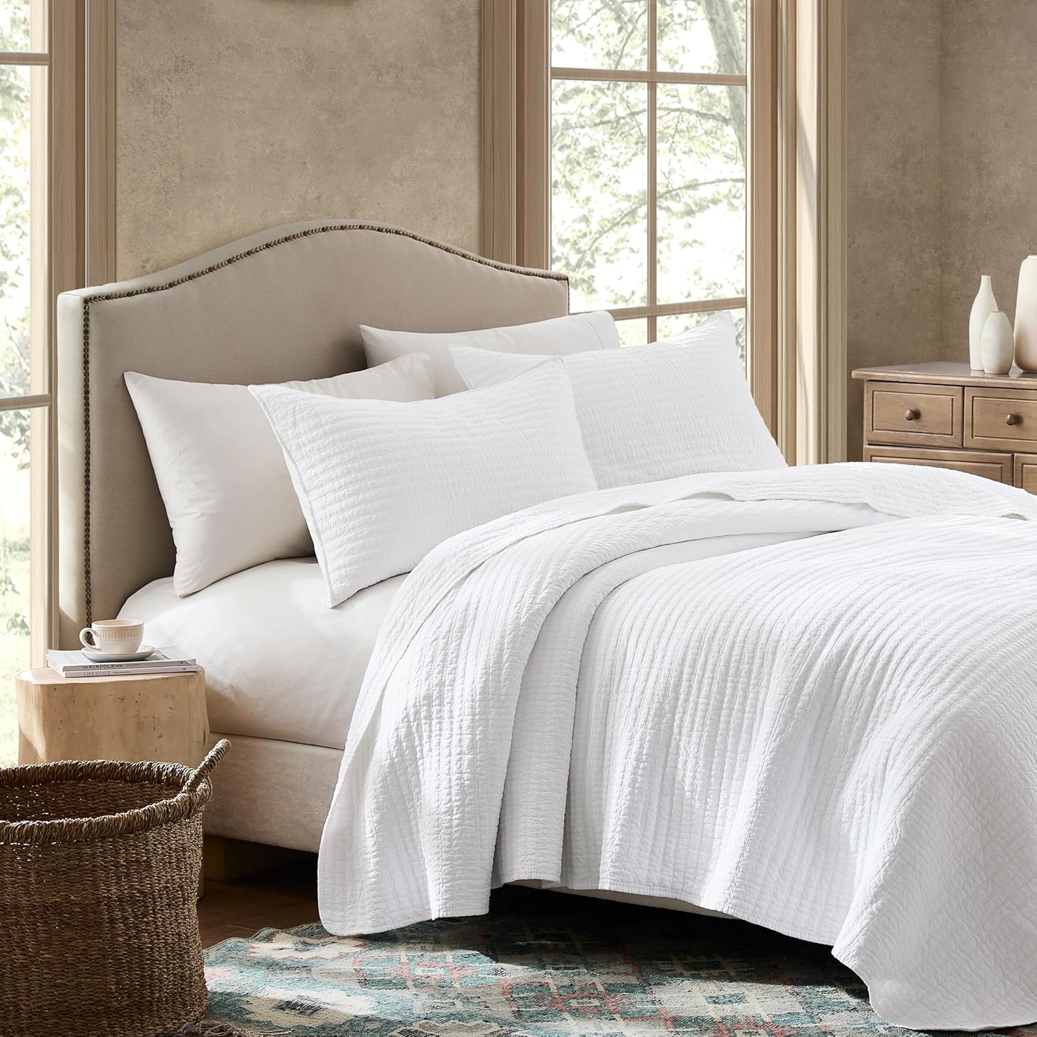 WDCOZY 100% Cotton King Size Quilt Set - White Striped Pick Stitch Soft Lightweight Bedspread, Textured Like Linen, Farmhouse Country Rustic Coverlet, Shabby Chic Gauze Bedding, 3 Pieces - Image 4