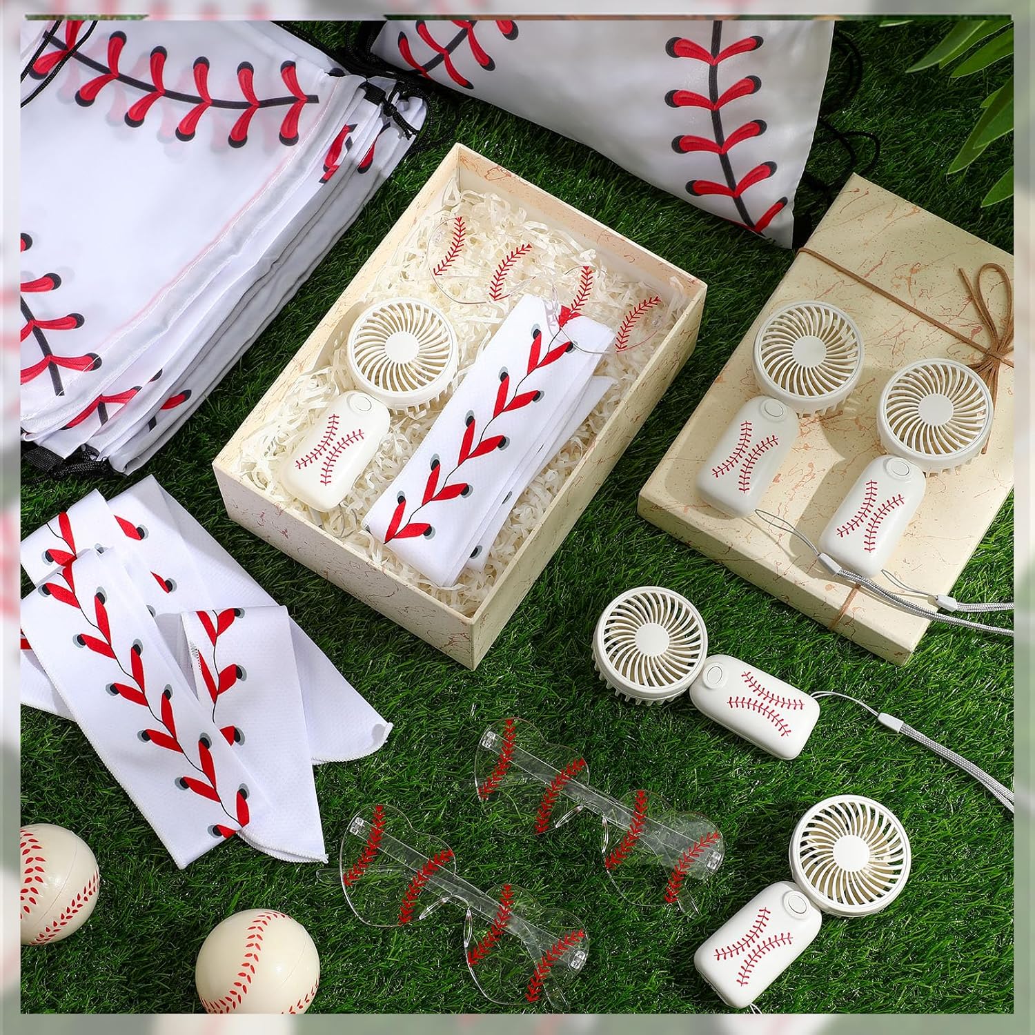 Woanger 48 Pcs Baseball Cooling Gifts 12 Mini Handheld Fans with Lanyard Bulk 12 Cooling Neck Towels 12 Heart Sunglasses 12 Drawstring String Bags Sports Team Gifts Summer Party Favor for Coach