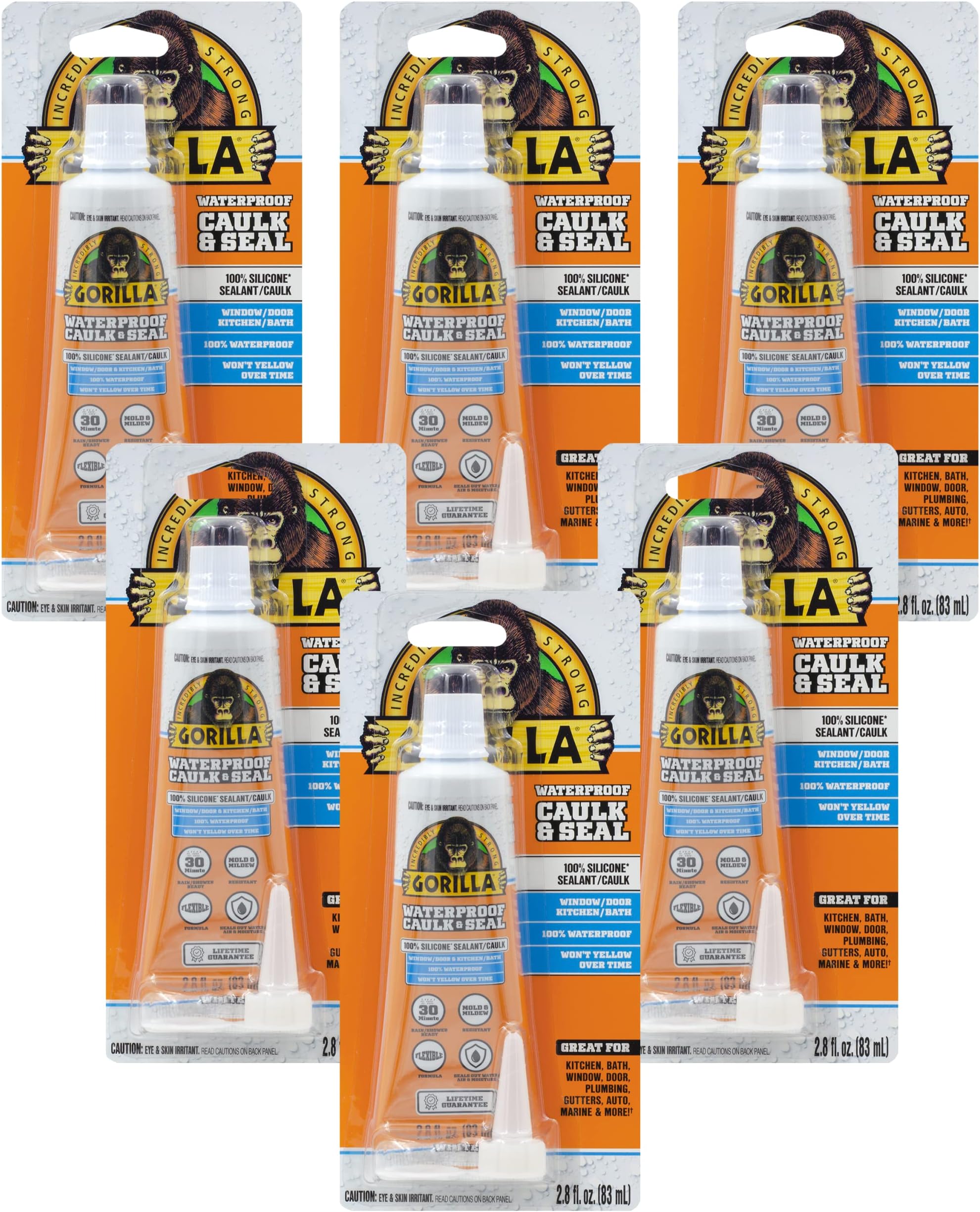 Gorilla Waterproof Caulk & Seal 100% Silicone Sealant, 2.8oz Squeeze Tube, White (Pack of 6)