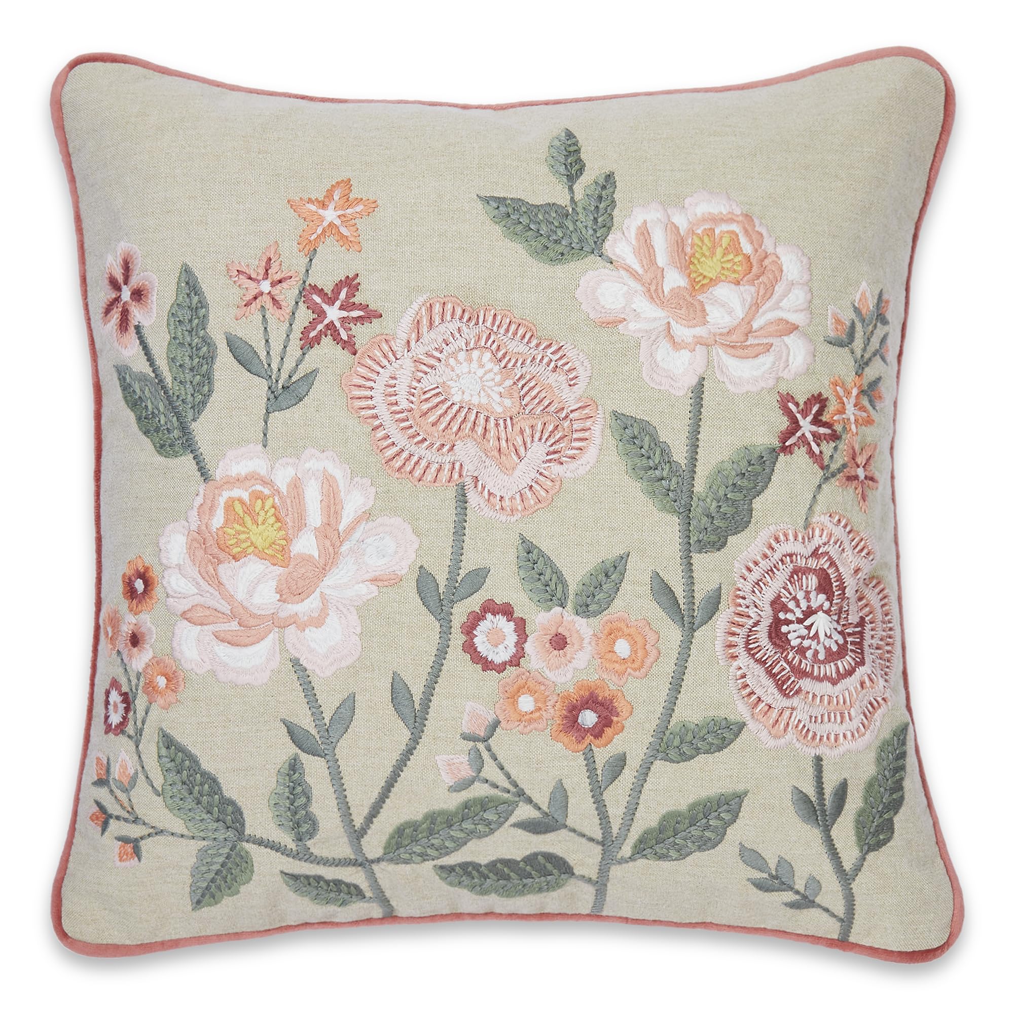 haus & kinder Cotton Decorative Embroidered Cushion Cover | Knitted Chambray Front Throw Pillow Cushion Cover for Sofa Living Room | 16Inch X 16Inch | Pink Roses, 260 TC-image-17