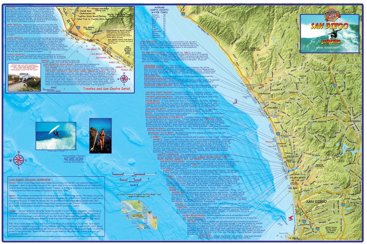 San Diego Surf Map Laminated Surfing Guide Poster by Franko Maps
