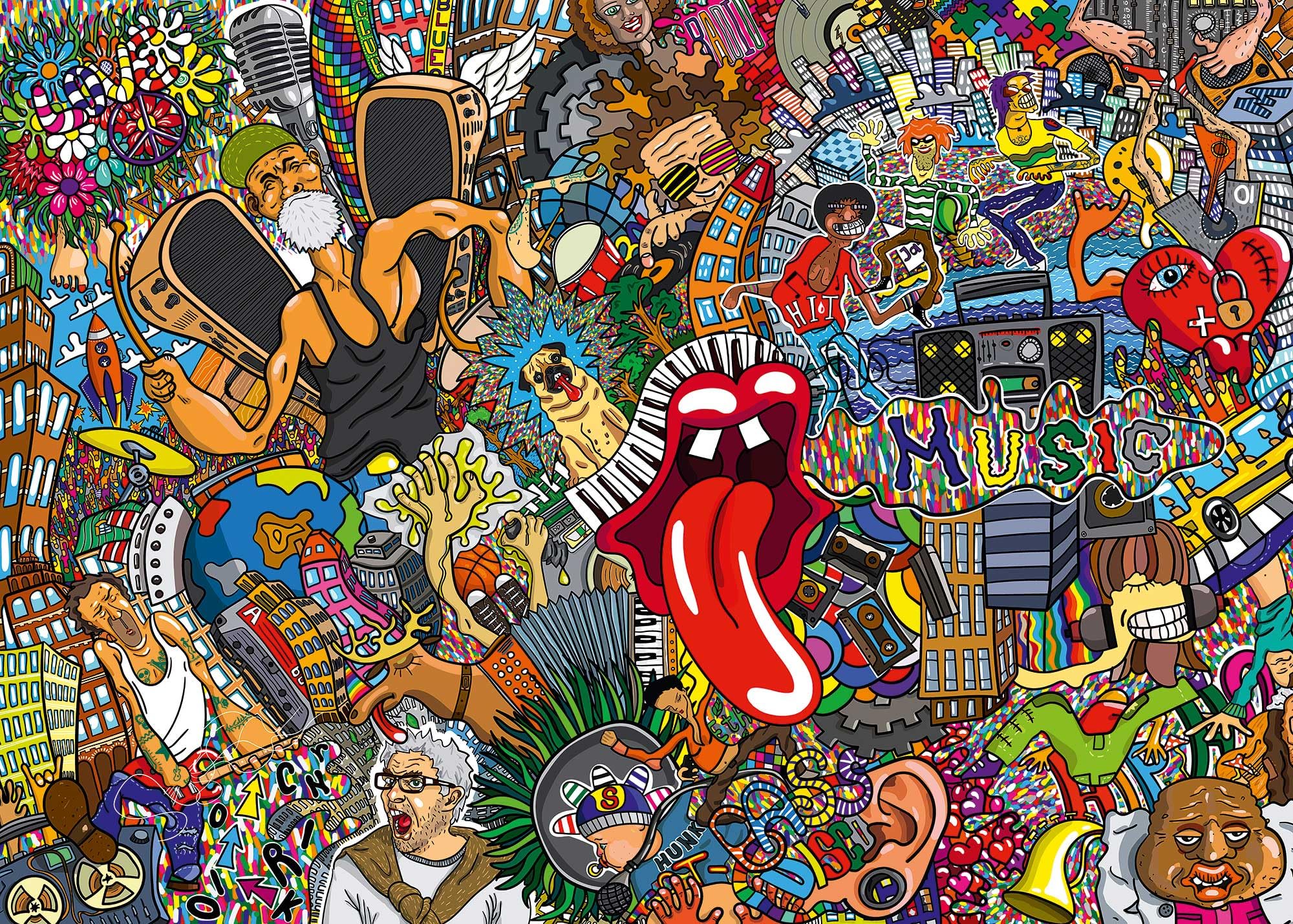 Ulmer Puzzleschmiede - Puzzle "Graffiti & Music" – kolorowe puzzle artystyczne 2000 elementów – street art graffiti z kolorowymi elementami obrazowymi wokół muzyki, hip-hopu i stylu na żywo