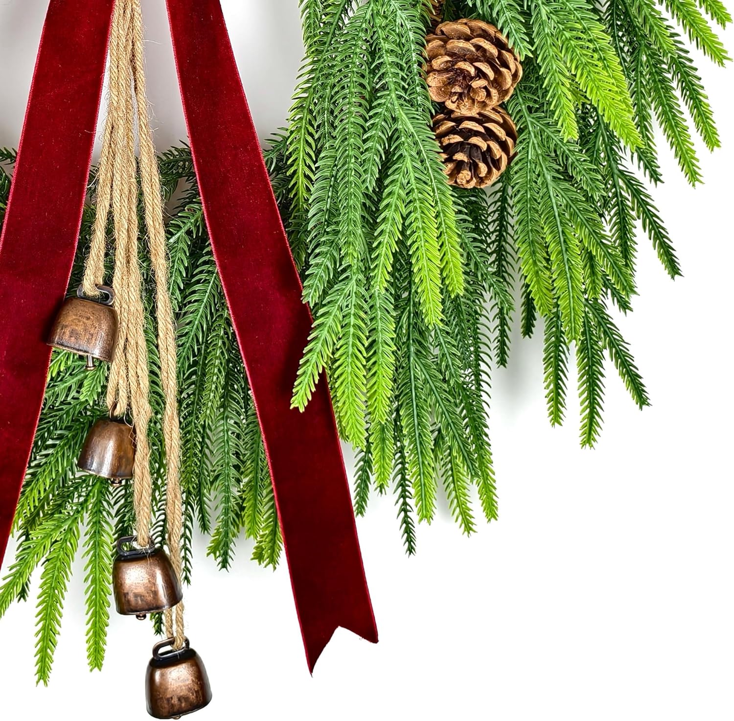 28 Inch Real Touch Norfolk Pine Christmas Wreath with Pine Cones, Bells & Bow – Double Ring Winter Wreath for Front Door, Porch, Wall & All-Season Home Décor Green Norfolk Pine