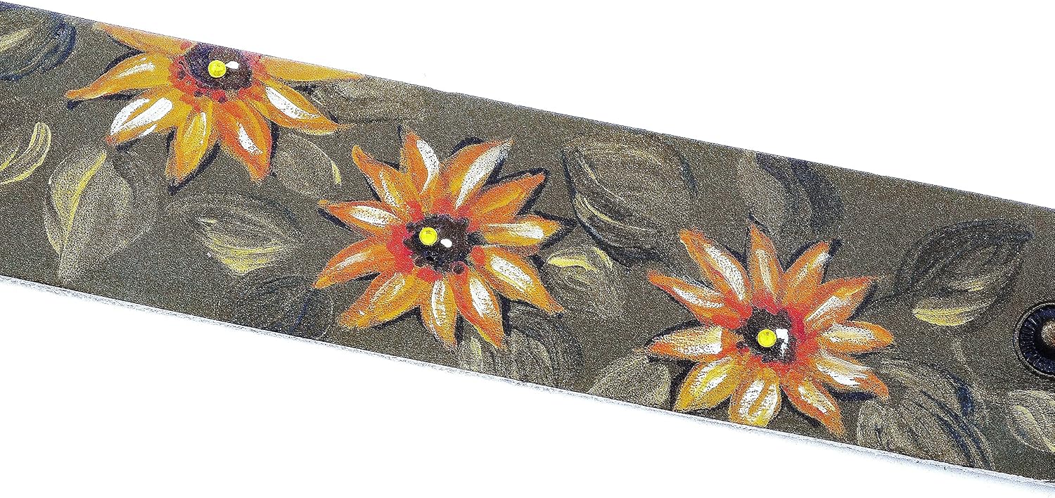 Adjustable Olive Green Leather Cuff Bracelet with Artist Hand Painted Sunflowers and Sparkling Crystal Rhinestones Boho Floral Jewelry for Women