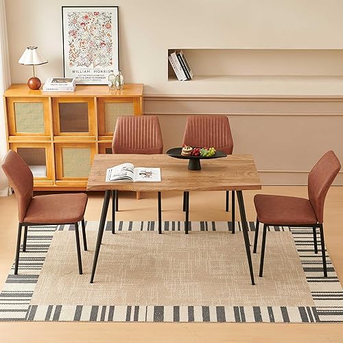 Miniatura 5 de Juego de mesa de comedor para 4, mesa de comedor rectangular irregular de madera moderna, sillas de comedor de cuero, 4 mesas y sillas, juego de 4