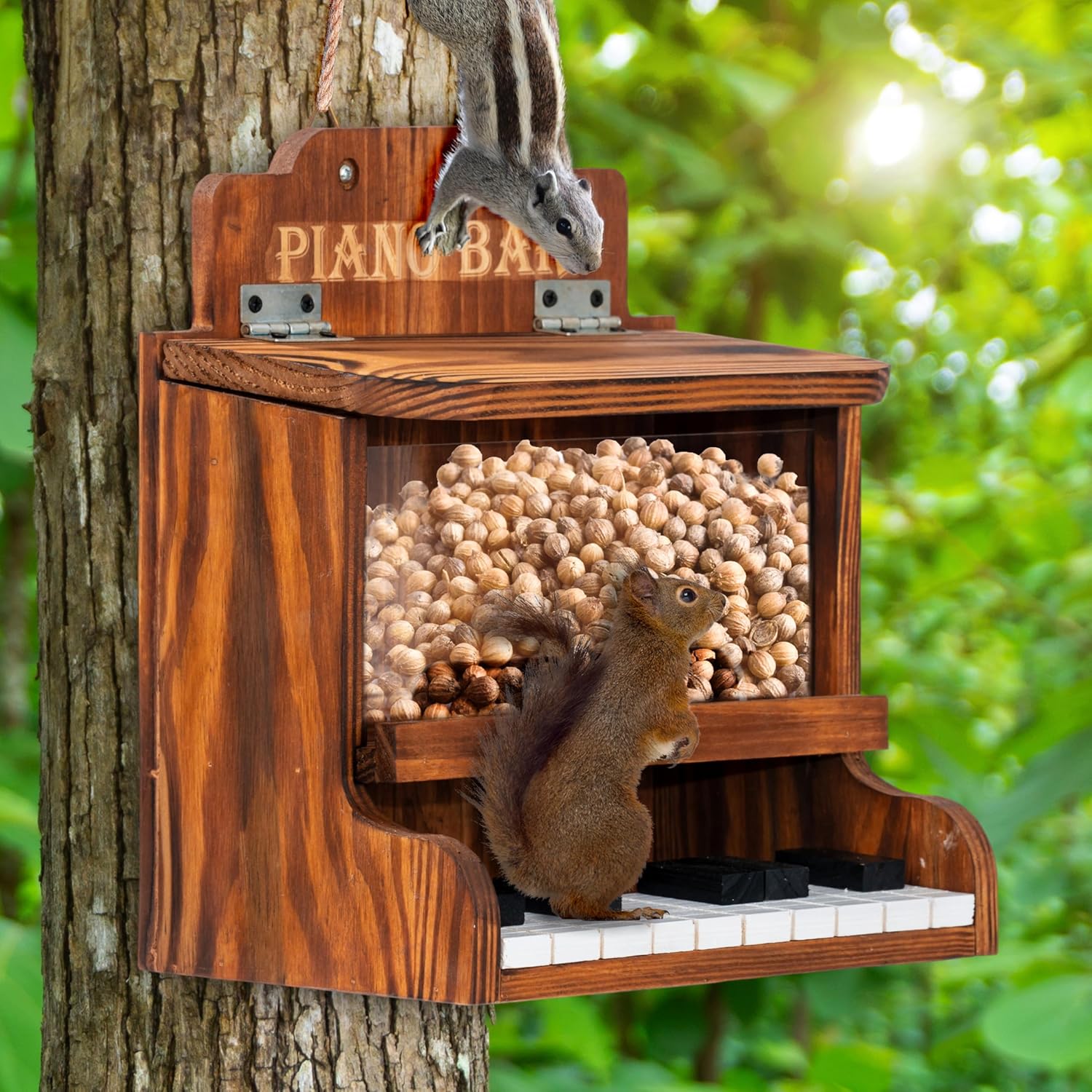 MIXUMON Wooden Squirrel Feeders Outdoor – Piano Bar Squirrel Feeder with Piano-Key Perch, Seed & Nut Feeder for Outdoor Garden, Weather-Resistant Wooden Squirrel Feeding Station