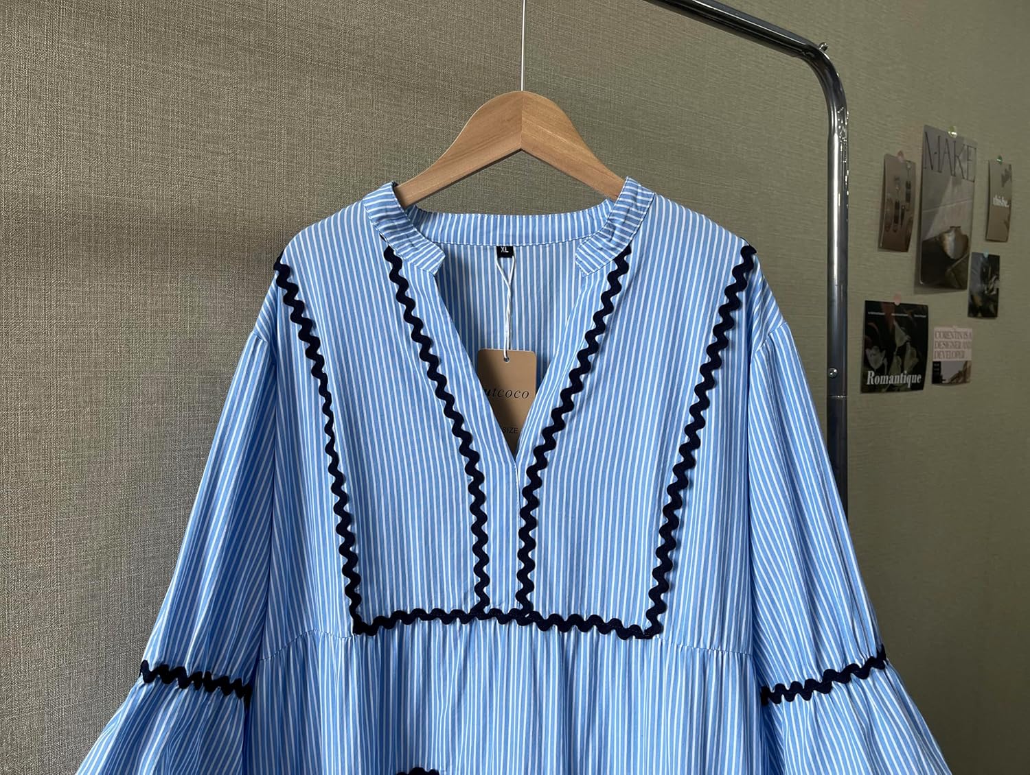 utcoco Women's Summer Beach Vacation Boho Striped RIC Rac Dress Flutter 3/4 Sleeve Tiered A Line Flowy Long Dress - Image 3