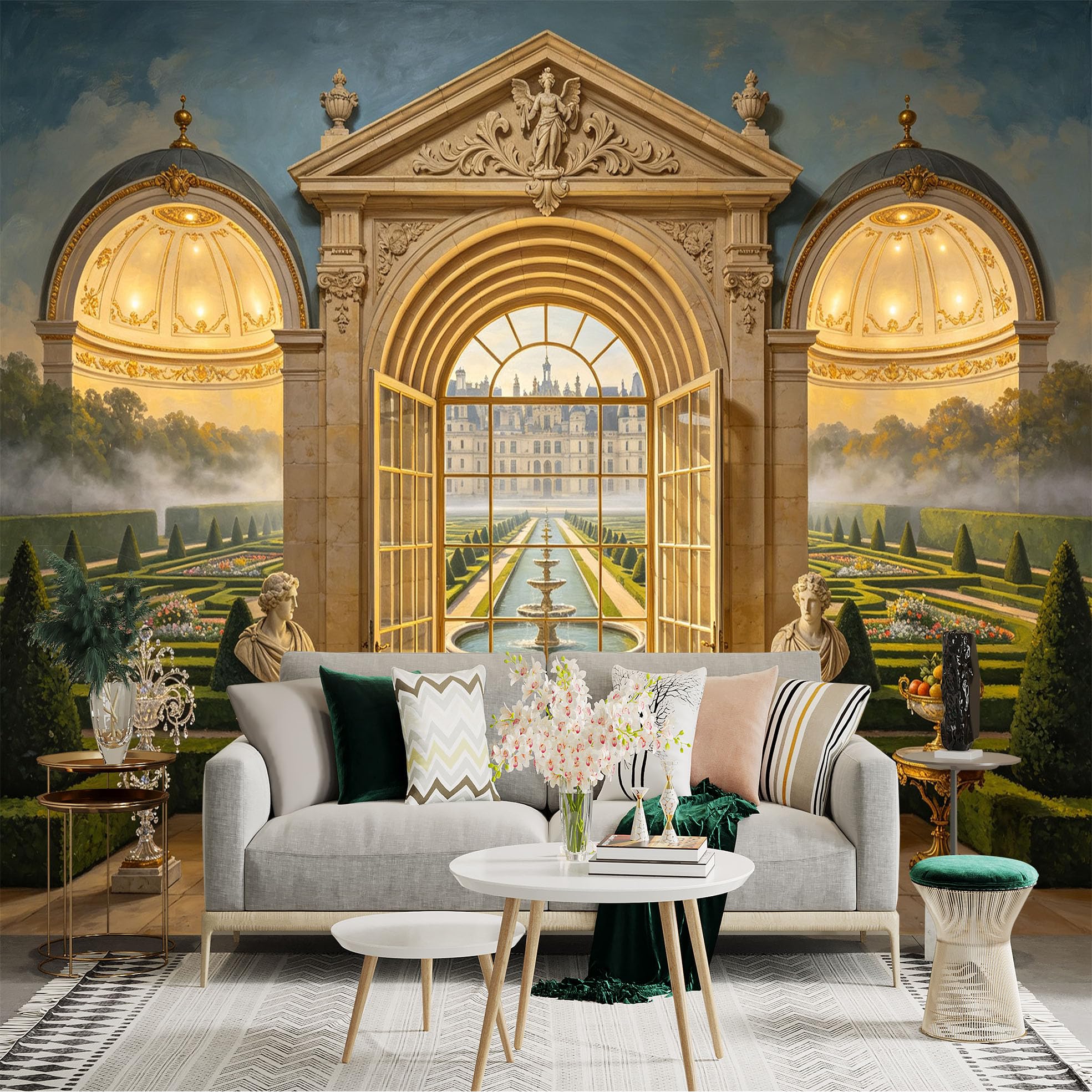 Custom Size Wall Sticker Mural， Luxury Palace Archway with Garden Fountain and Classical Interior， for wall Decoration， peelandstick wall Decals.