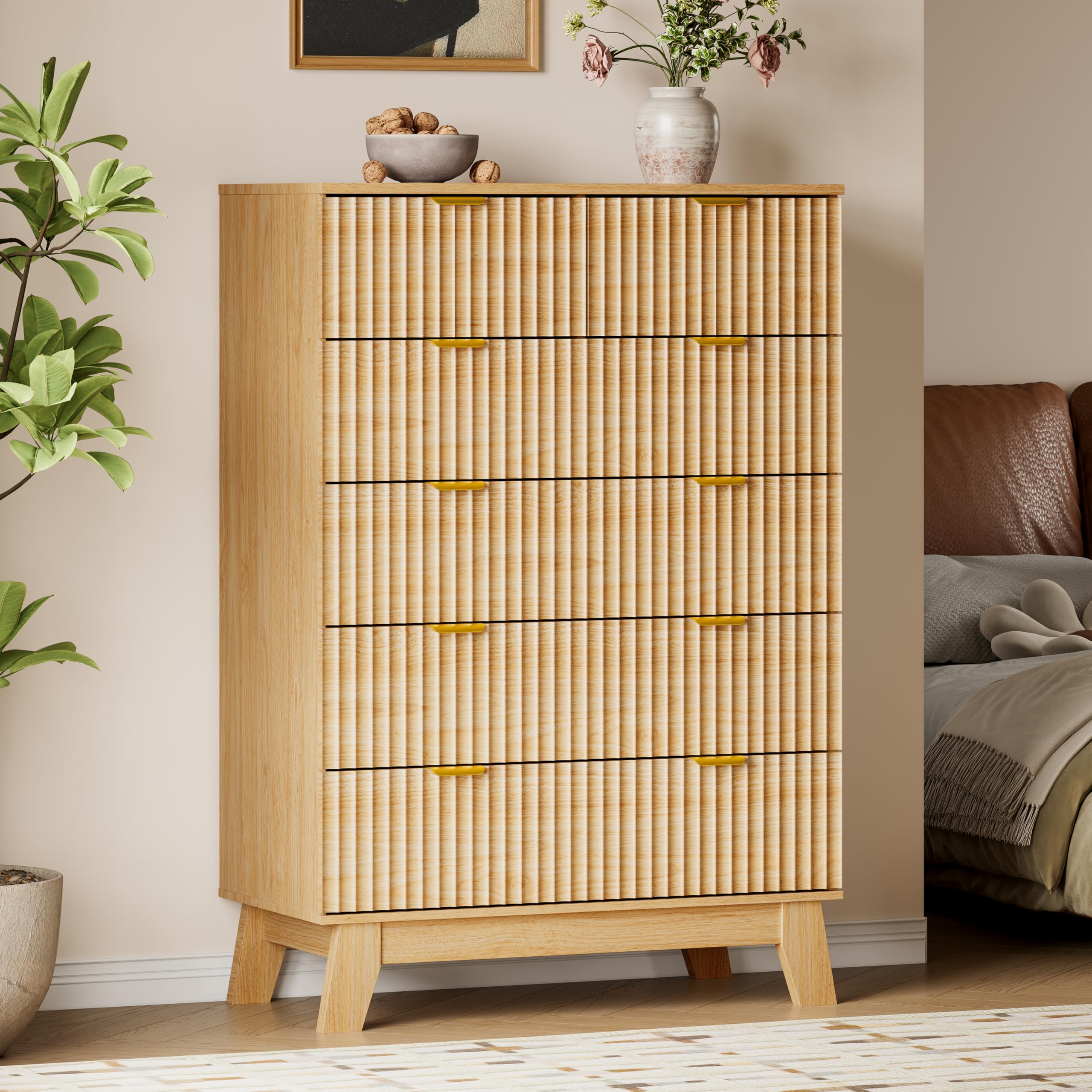 BORNOON 46" Tall Dresser for Bedroom, 6-Drawer Fluted Chest of Drawers, Modern Wood Highboy with Deep Storage, Metal Slides and Handles, Anti-Tip Kit, Vertical Clothes Organizer for Apartment, Nursery