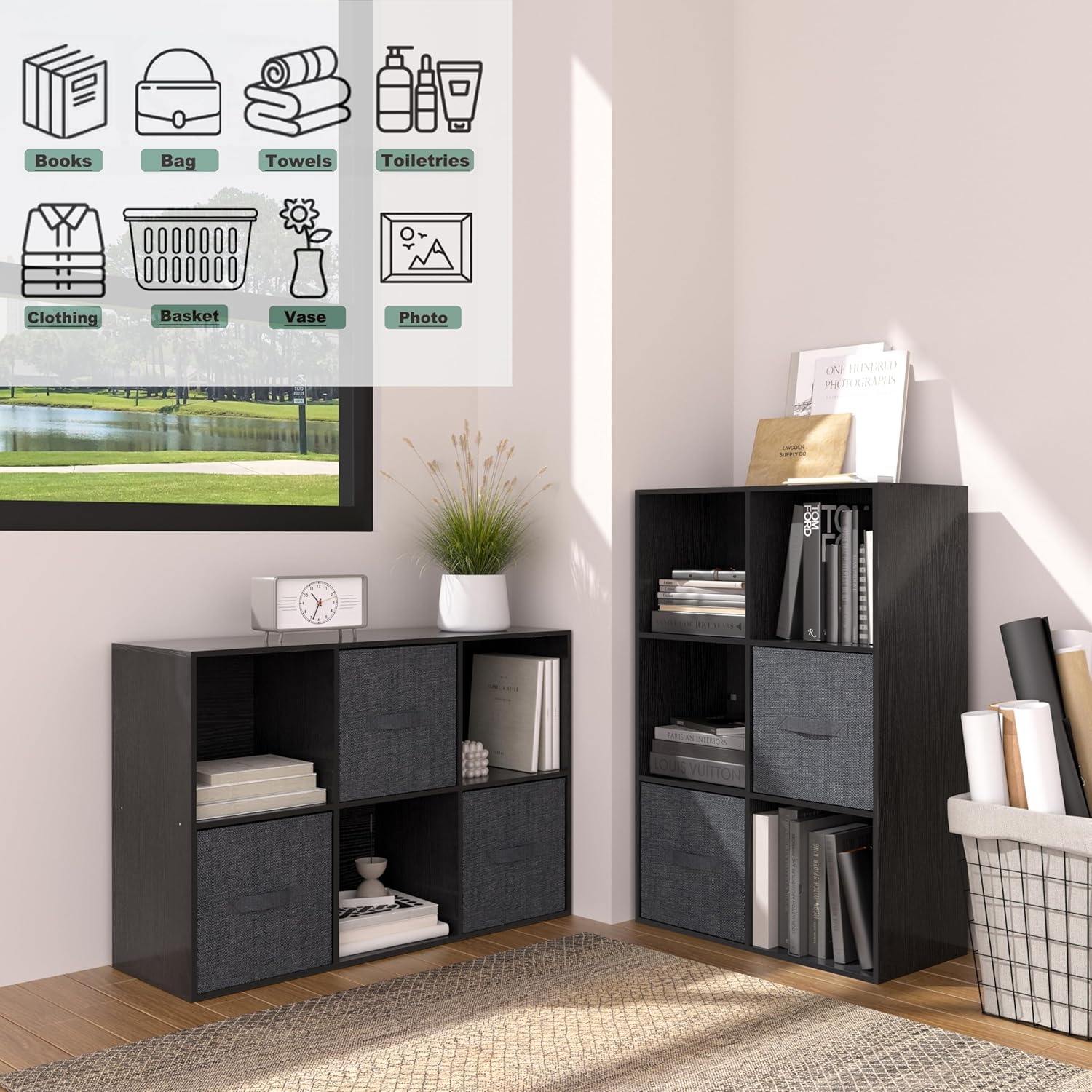 6 Cube Storage Organizer with Closed Back Panel, 13.5-inch Wooden Cubby Shelves Heavy Duty - Bookshelf for Living Room, Bedroom, Office & Closet Storage (Black, 6-Cube)