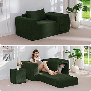 MAXYOYO Dark Green Multifunctional Folding Sofa Couch with Armrest and Pillow